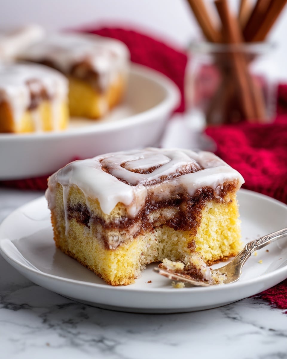 The image shows a close-up of thick, square-shaped pieces of cinnamon roll cake on a white plate, with a white marbled surface underneath. The cake has two visible layers: the bottom layer is a soft, moist yellow cake, and the middle layer is a swirled cinnamon sugar filling, slightly darker brown. The top layer is a shiny white glaze that covers the whole cake and is dripping a bit over the edges. In the background, another white plate with more cinnamon roll cake is blurred out, alongside a glass container holding cinnamon sticks and a red cloth. The photo taken with an iphone --ar 4:5 --v 7