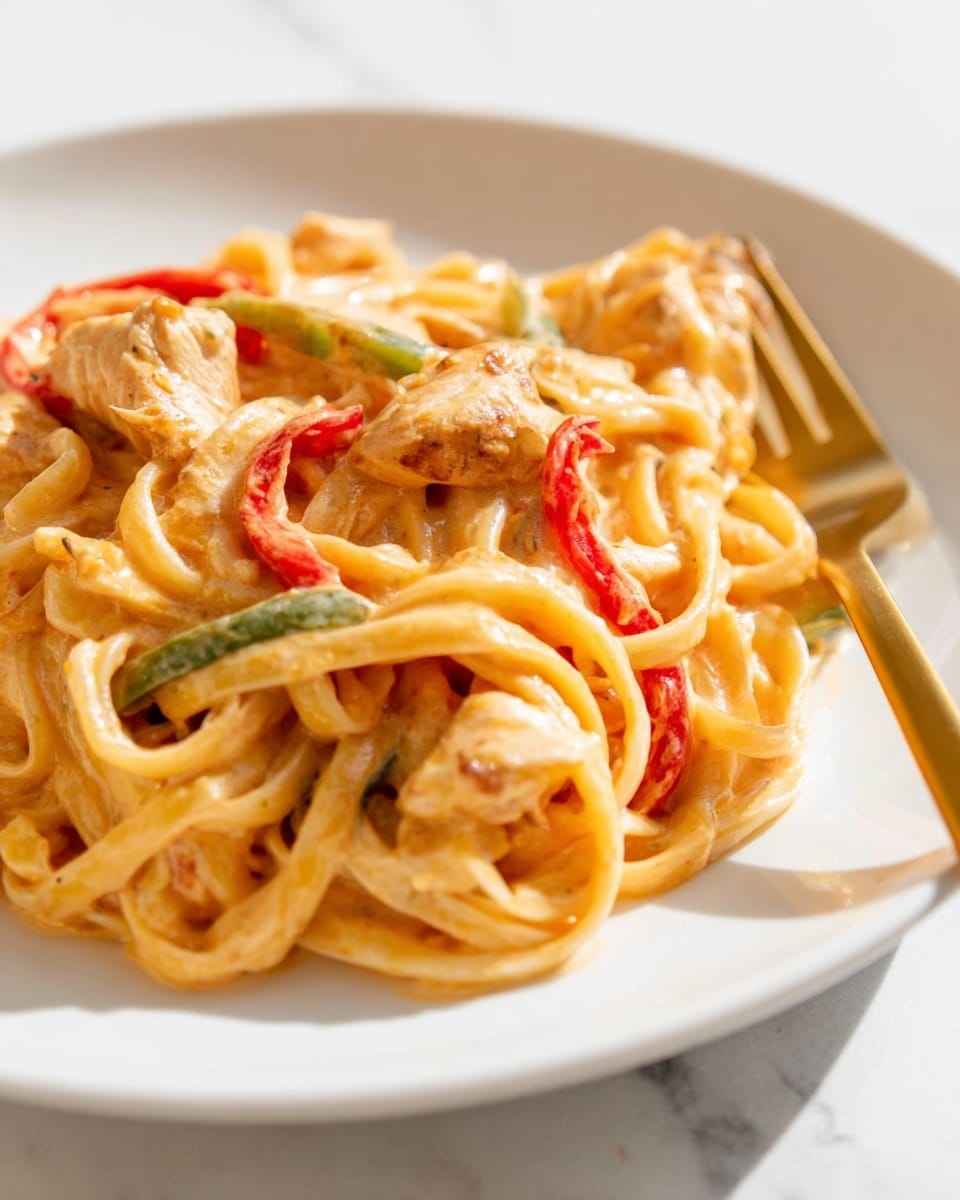 A close-up view of creamy pasta on a white plate with thick noodles coated in a light orange sauce. There are pieces of cooked chicken scattered throughout, browned on the edges, along with thin strips of red and green bell peppers mixed in. The pasta looks soft and covered in the sauce, with a golden fork resting on the right side of the plate. The whole scene is set against a white marbled surface, with bright natural light highlighting the creamy texture of the dish. photo taken with an iphone --ar 4:5 --v 7