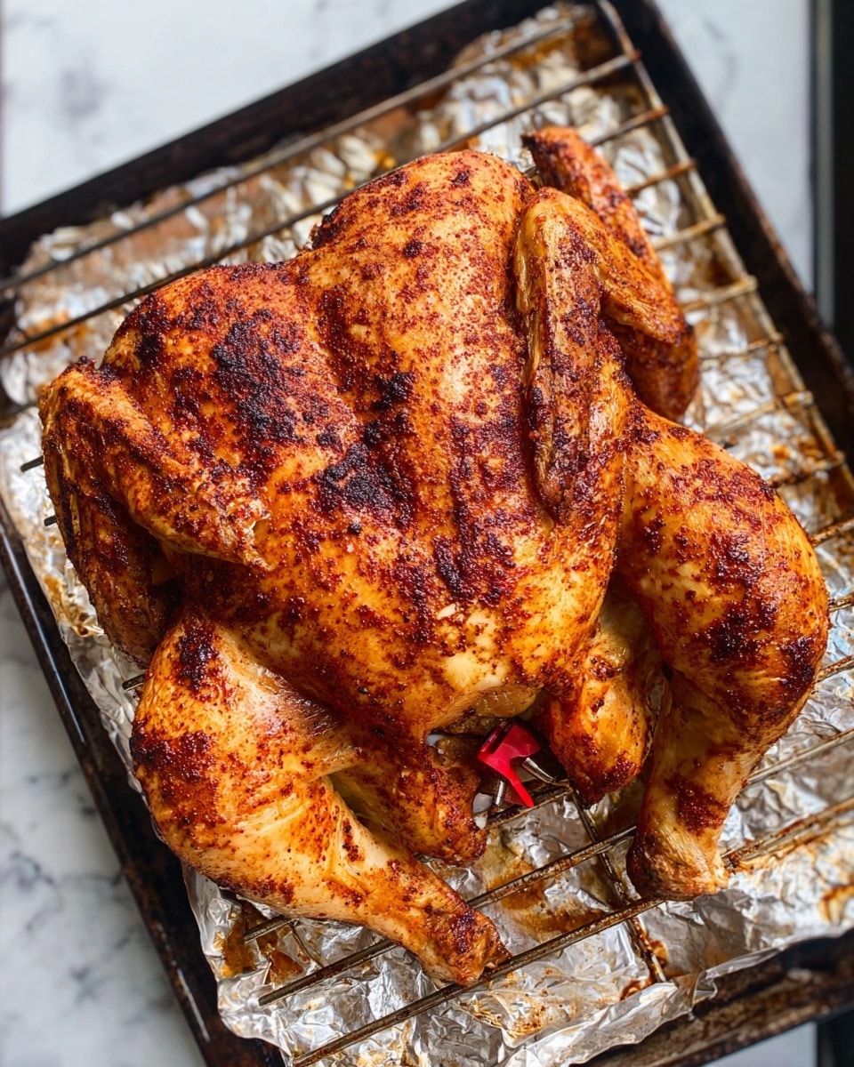 A whole grilled chicken is spread out flat on a grill lined with foil, showing three main parts: the large central body with a crispy golden-brown skin seasoned with dark reddish spices, and two wings on each side with a similar textured and colored skin. The chicken looks juicy with slight char marks and a small red and white thermometer poked in the middle of the meat. The foil beneath has some browned spots from the grilling. The grill is placed on a white marbled surface. Photo taken with an iphone --ar 4:5 --v 7