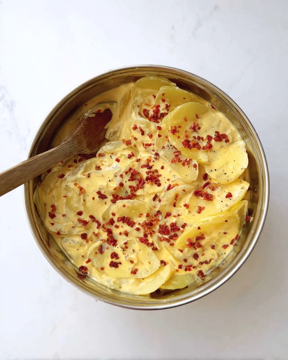 The image shows a close-up of a plate with a single layer of yellow ravioli pasta covered in a creamy light yellow sauce, sprinkled with small pieces of crispy reddish-brown bacon on top and scattered around. The ravioli looks soft with some specks of black pepper visible, and the dish is served on a white plate set on a white marbled surface. The background is plain white, making the colors of the pasta and bacon stand out clearly photo taken with an iphone --ar 4:5 --v 7