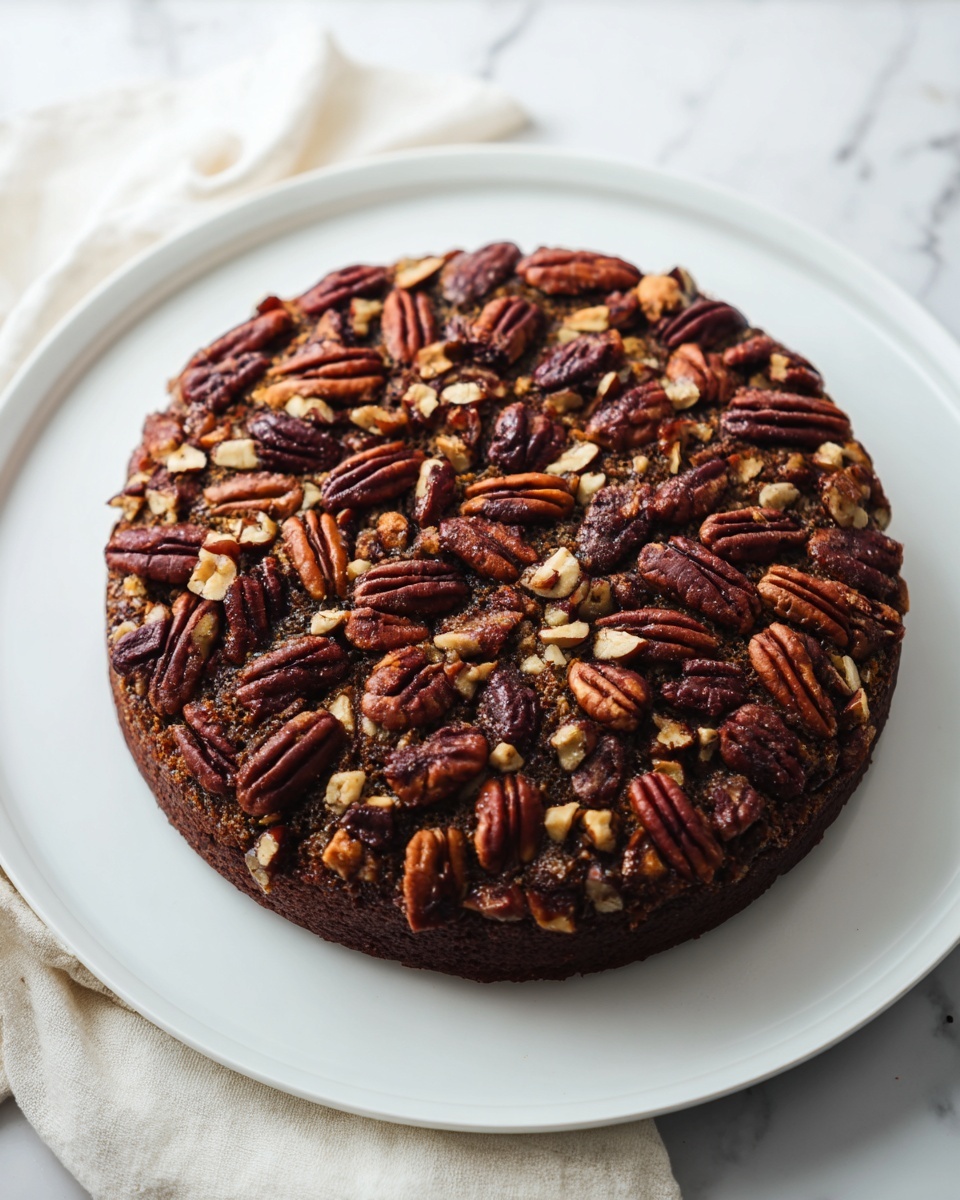 A single-layer round cake with a dark brown color, fully covered on top with a thick layer of whole and halved pecan nuts that are rich brown with some lighter beige pieces, placed on a smooth white plate. The cake surface looks slightly rough and textured under the nuts. The background is a white marbled texture with a cream-colored cloth partially visible next to the plate. photo taken with an iphone --ar 4:5 --v 7