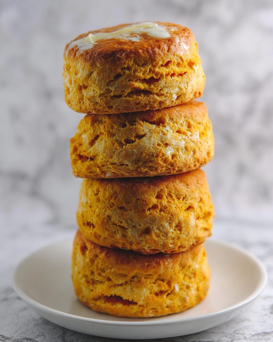 A stack of five thick, round biscuits sits on a white plate, each biscuit showing a golden-brown top with a slightly rough texture. The sides of the biscuits are a warm, light orange-yellow color with a soft, crumbly look. Small bits of melted butter or cream can be seen melting into the tops and some sides, adding a glossy detail. The background and surface are white marbled, giving a clean and simple look to the arrangement. photo taken with an iphone --ar 4:5 --v 7