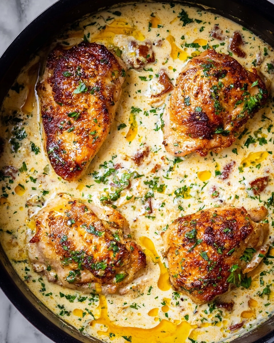 A white plate with blue floral patterns holds four pieces of browned chicken layered with a creamy yellow sauce mixed with small orange mushrooms and bits of herbs. The sauce spreads evenly around the chicken, with some herbs sprinkled on top for color. A silver spoon rests on the right side of the plate, partially covered by the sauce. The plate is placed on a light purple background with a beige knitted cloth beside it. Photo taken with an iphone --ar 4:5 --v 7