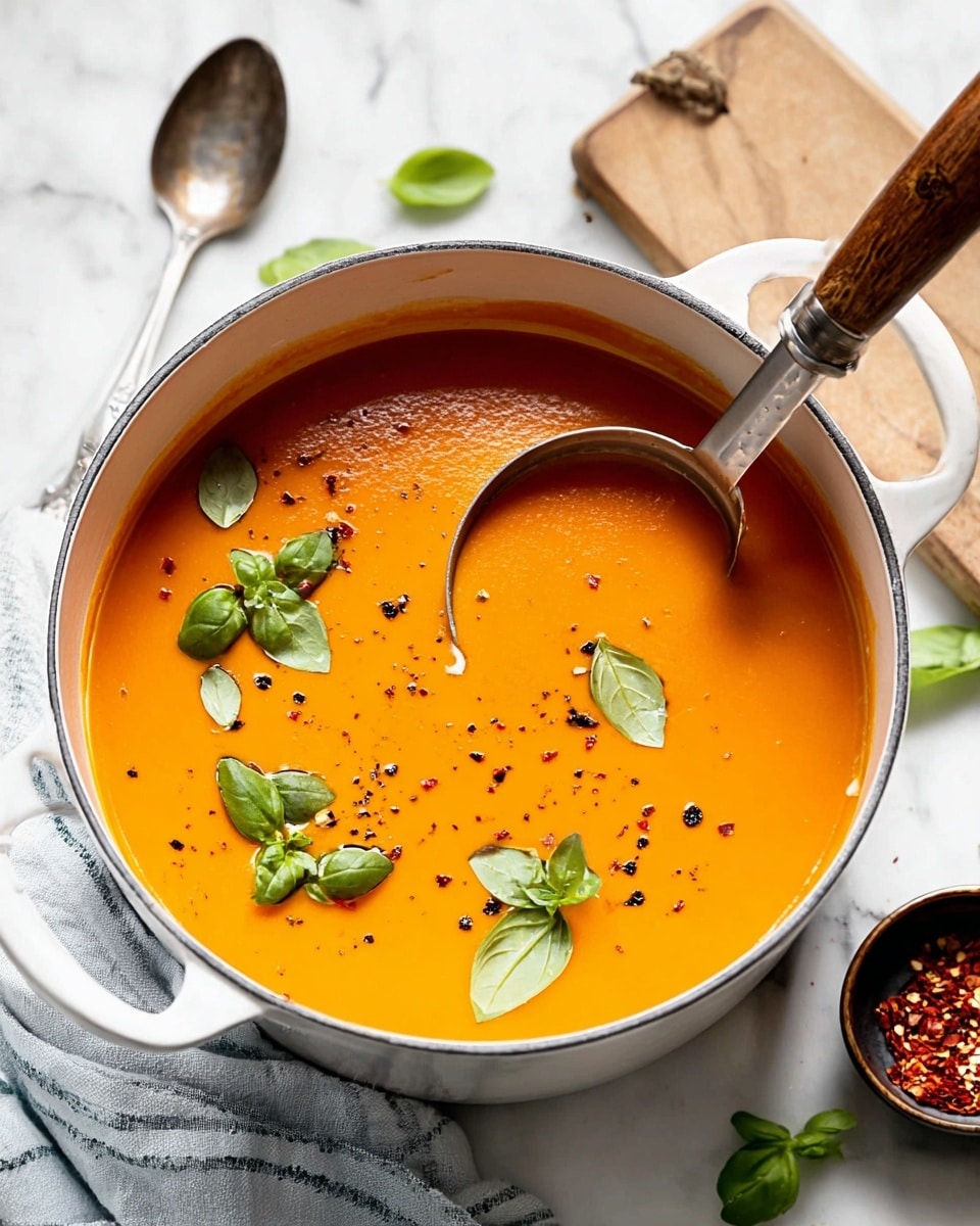 A white pot filled with smooth, bright orange soup topped with scattered fresh green basil leaves and small black pepper flakes. A metal ladle with a wooden handle is partly inside the soup, lifting some of it. The pot sits on a white marbled surface with a light blue striped cloth, a silver spoon beside it, and scattered basil leaves nearby. To the right, a light wooden cutting board holds a small dark bowl with red chili flakes. Photo taken with an iphone --ar 4:5 --v 7