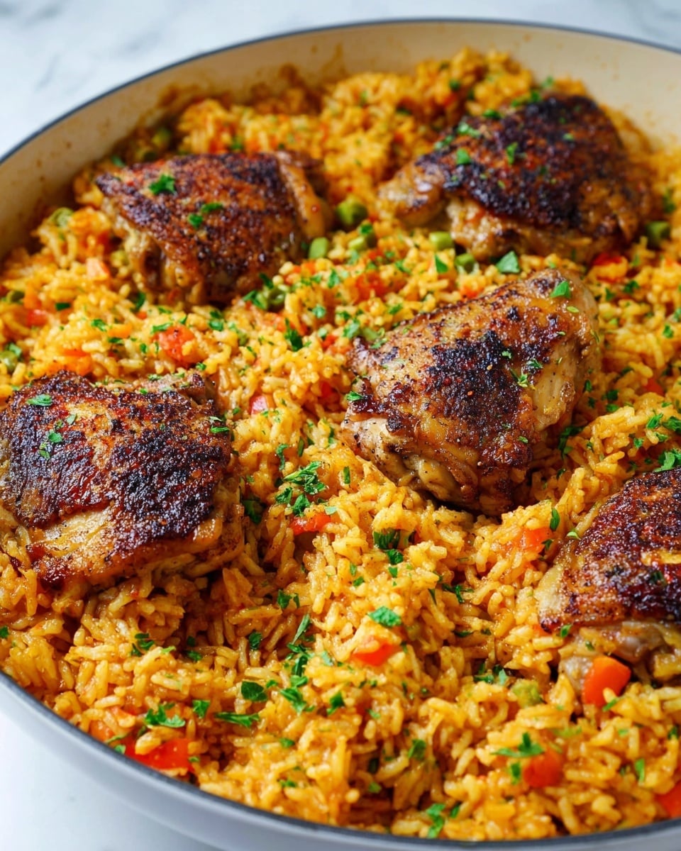 A white shallow bowl holds a single serving with two layers: the bottom layer is a bed of orange-colored rice mixed with small green and red pepper pieces and visible spices, giving it a textured, slightly oily look; the top layer is a piece of well-cooked chicken with a dark, crispy skin, garnished with a small sprinkle of green herbs. The bowl sits on a white marbled surface, with a black pot containing more of the same dish slightly blurred in the background on the left, and two stacked white bowls with a green cloth nearby on the right. Photo taken with an iphone --ar 4:5 --v 7