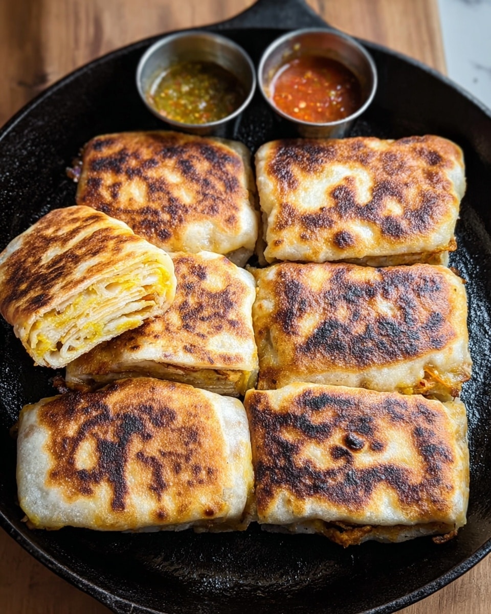 The image shows six toasted, stuffed flatbreads with a golden-brown, crispy outer layer, each one rectangular or slightly rounded in shape, arranged close together in a black cast iron skillet. The flatbreads have a textured surface with patches of dark and lighter brown tones, indicating they are cooked evenly on both sides. One flatbread on the left side is cut to reveal multiple thin layers inside, showing a light yellow filling with a soft, moist texture inside the folded dough layers. Two small metal containers of reddish and greenish sauces sit in the skillet's top left corner. The skillet rests on a wooden surface, but the background has been changed to a white marbled texture. photo taken with an iphone --ar 4:5 --v 7