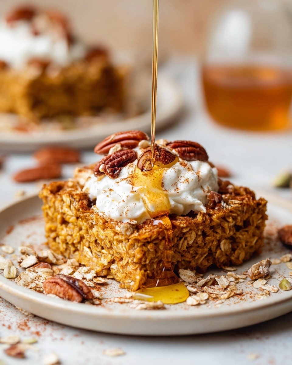 Pumpkin Baked Oatmeal Recipe 6 A square piece of golden-brown baked oatmeal rests on a white round plate, topped with a dollop of white cream and scattered with small pieces of toasted pecans. The oatmeal has a textured surface with visible oats and pecans mixed in. Light amber syrup is pooled around the oatmeal, with a light dusting of cinnamon powder sprinkled over the plate. To the right of the oatmeal, a wooden-handled spoon sits on the plate, holding a smaller piece of the baked oatmeal. The plate is placed on a white marbled surface with scattered oats, pecans, and cinnamon powder nearby, along with small bowls containing oats and pecans. A blue cloth napkin is partially visible at the bottom right corner. Photo taken with an iphone --ar 4:5 --v 7