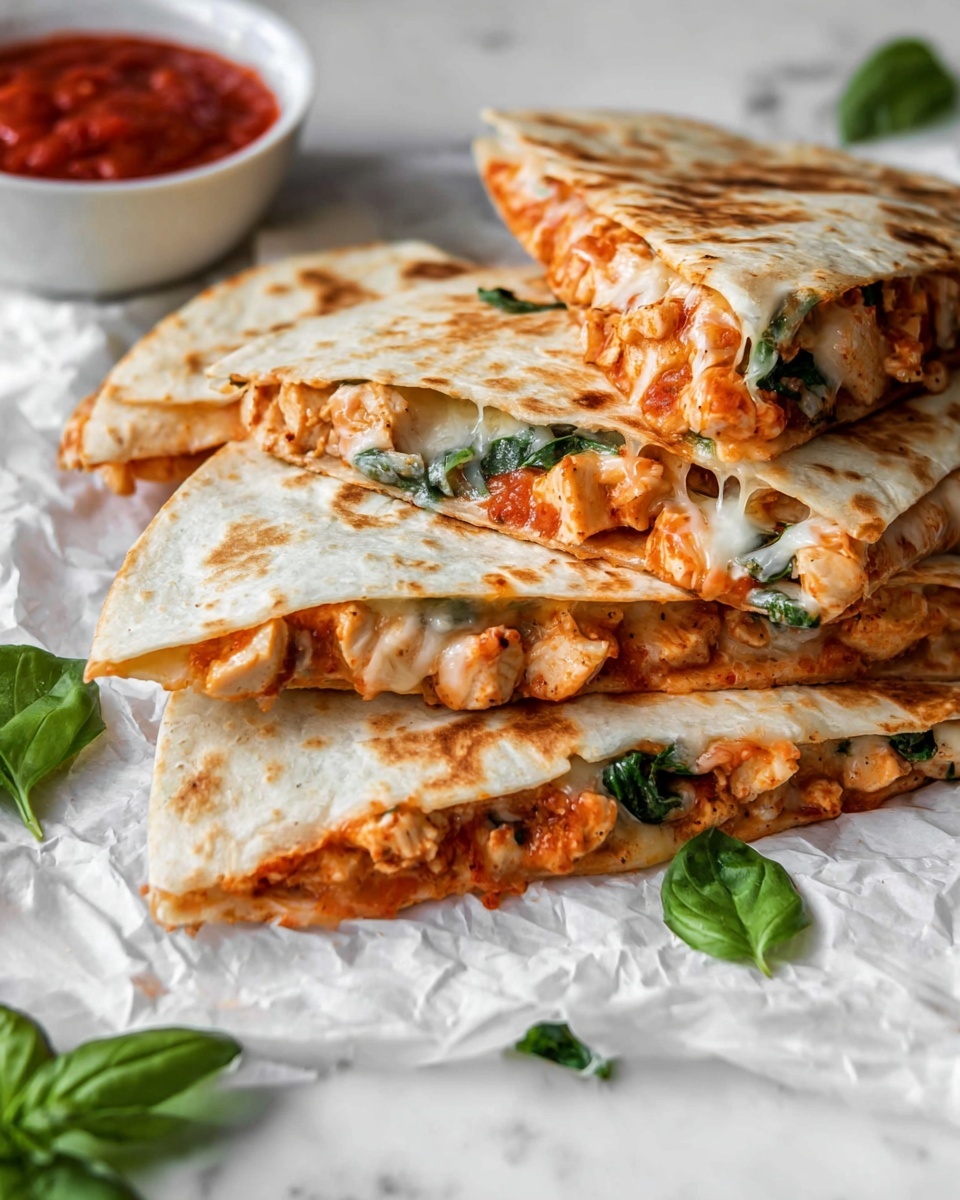 Italian Chicken Quesadillas Recipe 5 This image shows several folded quesadilla slices stacked on white crumpled paper over a white marbled surface. Each quesadilla has a golden-brown, grilled outer tortilla layer with specks of darker grilled spots. Inside, there is a creamy orange filling mixed with bits of chicken and melted cheese, along with bright green chopped spinach leaves scattered throughout. The quesadillas are garnished with small sprigs of fresh green herbs on top. To the right, a small white bowl holds red tomato salsa, and on the left, another small white bowl with shredded white cheese is partially visible with fresh spinach leaves nearby. photo taken with an iphone --ar 4:5 --v 7
