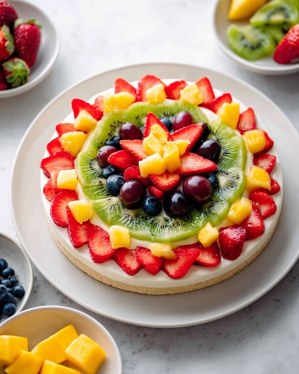The image shows a fruit pizza on a large white plate placed on a white marbled surface. The pizza has three visible layers: the bottom flat crust layer, a thick white cream layer with smooth texture, and a colorful fruit topping arranged in neat circular rows. The outer layer of fruit is made of large red strawberry halves with bright green kiwi slices just inside of them. The next layer features scattered blueberries, small red grapes, and chunks of yellow mango evenly spread across the top. One slice is being lifted with a spoon held by a woman's hand, revealing the layers clearly with some fruit falling off the slice. A smaller white plate with a single slice of the same fruit pizza is also partially visible in the top left corner. Photo taken with an iphone --ar 4:5 --v 7