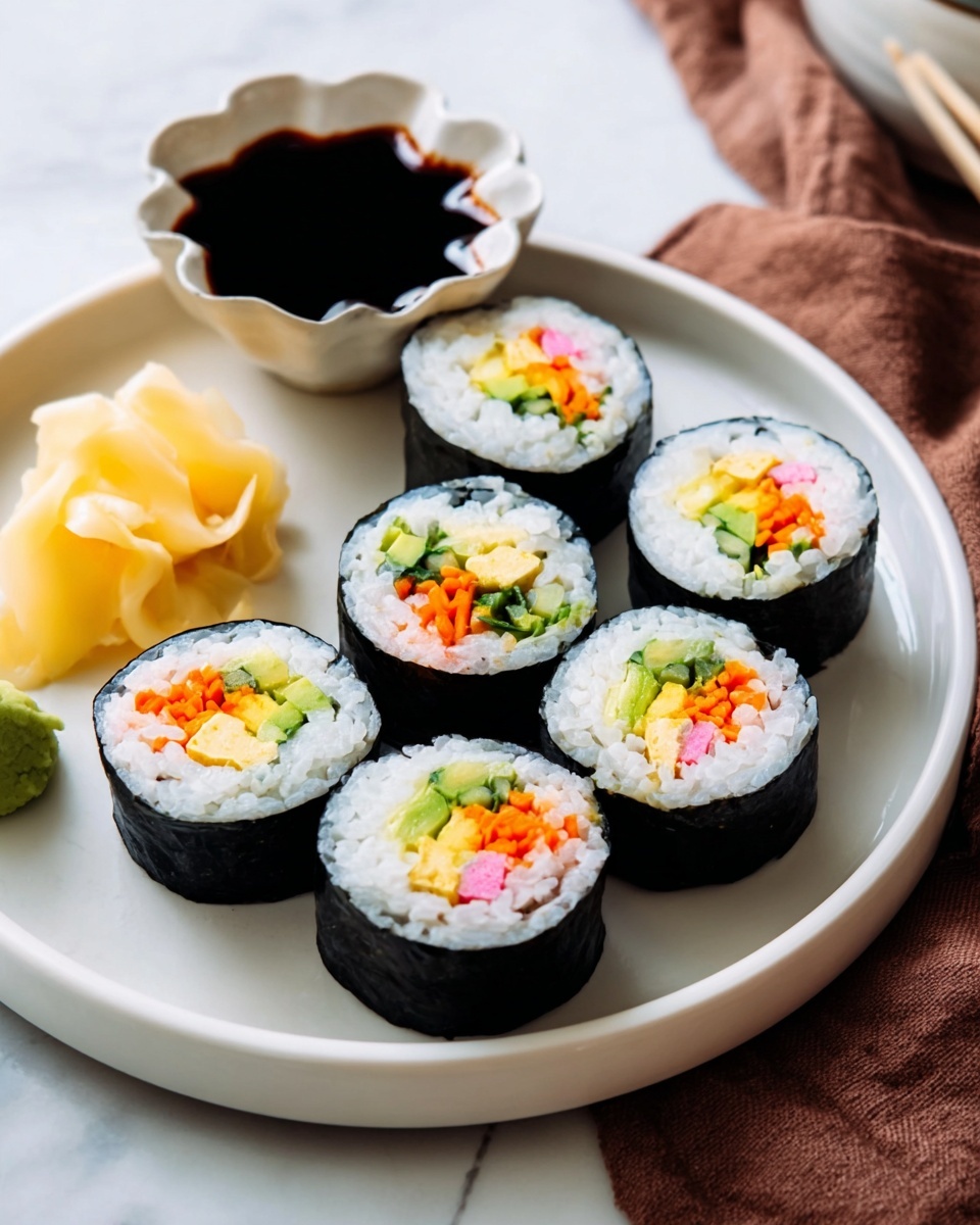 Vegetarian Sushi Rolls with Spicy Mayo Recipe 5 Six sushi rolls are neatly arranged on a white plate with a sauce dish shaped like a flower holding dark soy sauce at the top left. Each sushi roll has four visible layers: a black seaweed outer layer, a thick white rice layer, and inside colorful layers of green avocado, orange carrot, light yellow tofu, and some pink pickled vegetables. To the left side of the plate, there is a small pile of light yellow pickled ginger. The plate is placed on a white marbled surface with a brown cloth napkin to the right. Photo taken with an iphone --ar 4:5 --v 7