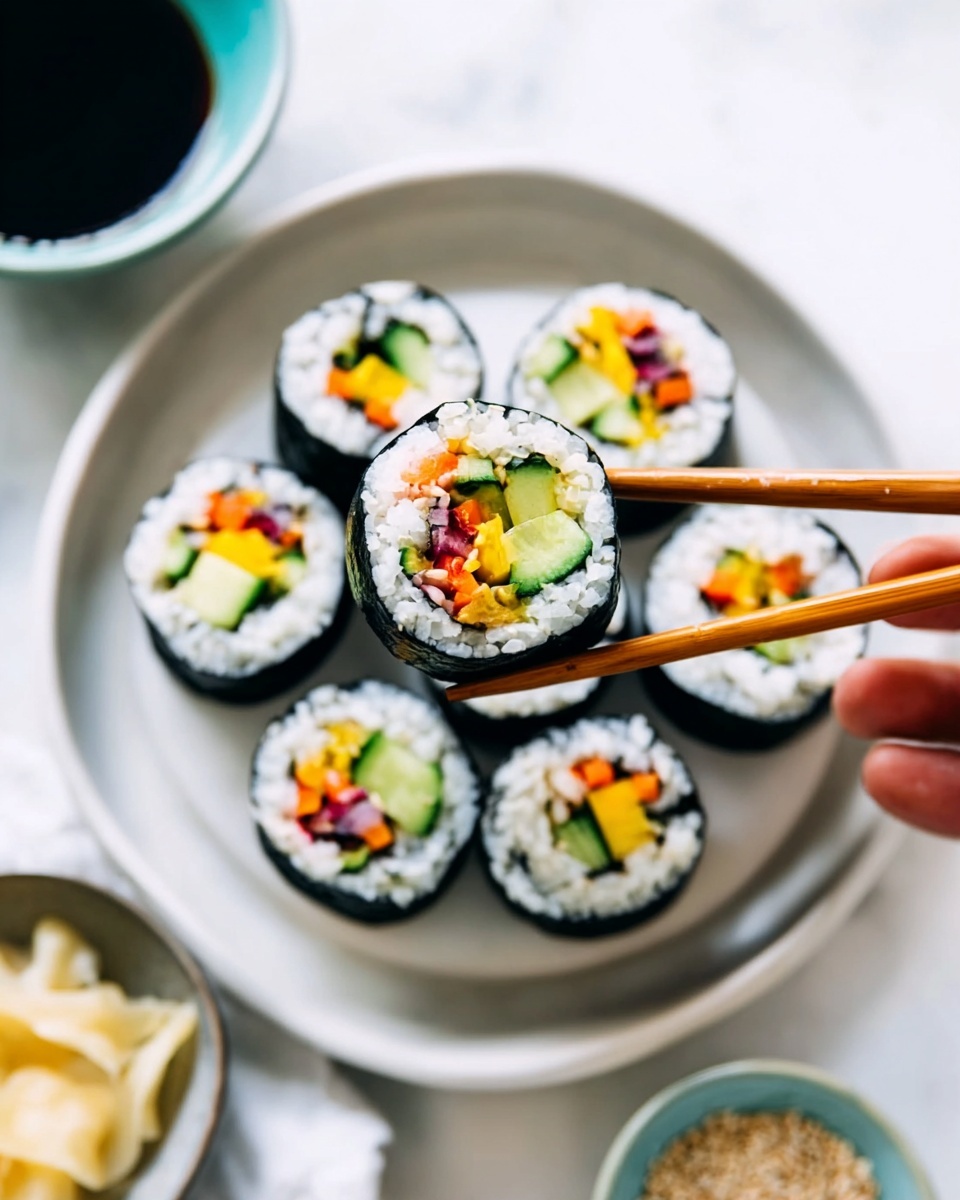 Vegetarian Sushi Rolls with Spicy Mayo Recipe 6 The image shows two plates of sushi rolls, each plate with seven pieces arranged in a circle; the sushi rolls have several layers visible including outer black seaweed, white rice, green avocado, orange carrot, red/pink radish, and light tofu pieces. The upper plate is white, holding seven sushi rolls next to a white small dish with dark soy sauce and a bit of yellow mustard, and some light pickled ginger on the side. The lower plate is black, holding seven sushi rolls arranged similarly with another small white dish filled with dark soy sauce with a bit of mustard on the side, and light pickled ginger nearby. Around the plates, there are small bowls with sauces and sesame seeds on a white marbled surface. Wooden chopsticks rest near the bottom left corner of the image. The overall look is clean, bright, and colorful, with different textures like smooth avocado, soft rice, and crunchy vegetables. Photo taken with an iphone --ar 4:5 --v 7