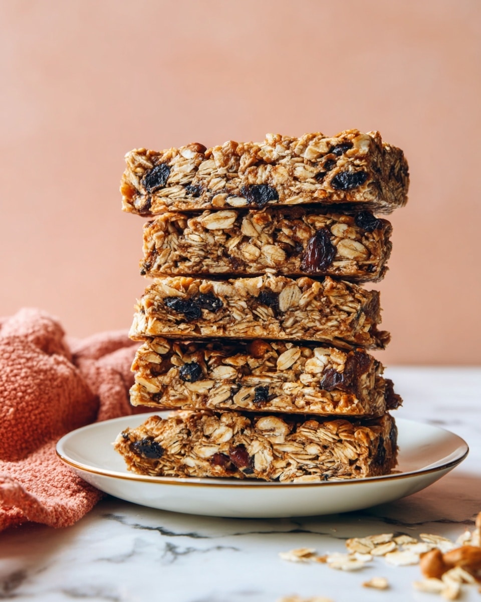 Cherry Almond Granola Bars Recipe 6 Seven rectangular granola bars lie on a white marbled surface with white paper underneath. Each bar has a rough texture with visible layers of oats, nuts, and dark dried fruit scattered on and inside the bars. The bars are a mix of light brown colors from the oats and nuts, with dark black spots from the dried fruit spread across the bars. Photo taken with an iphone --ar 4:5 --v 7