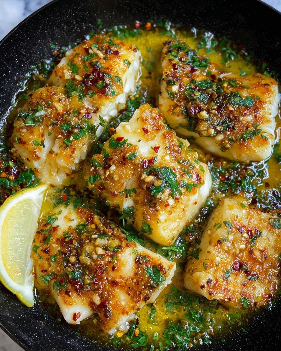 Lemon Garlic Baked Cod Recipe 5 The image shows five pieces of cooked white fish with a golden brown, crispy top layer covered in small bits of garlic and herbs. The fish is in a black pan with a shiny golden oil sauce mixed with green herb leaves and red chili flakes scattered on top. At the bottom left, there is a half lemon adding bright yellow color to the dish. The fish pieces are arranged close together with some herbs sprinkled over them, giving a fresh touch. The background is a white marbled texture. photo taken with an iphone --ar 4:5 --v 7