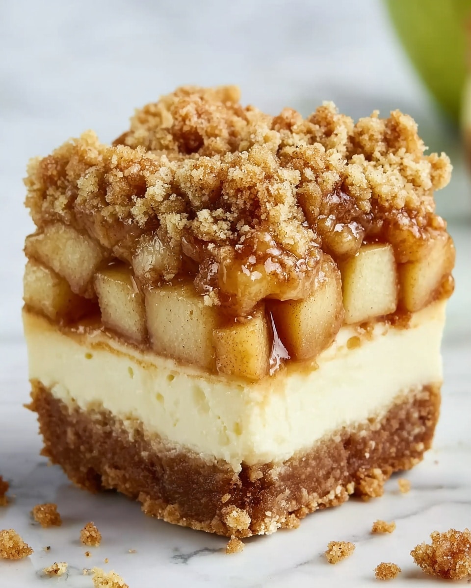 The image shows a close-up of a small dessert with four visible layers, placed on a white marbled surface. The bottom layer is a dense, crumbly brown crust. Above it is a thick, smooth cream layer in pale yellow. The next layer is small cubes of soft, cooked apple pieces with a glossy brown sauce covering them. The top layer is a chunky crumb topping made of light brown crumbs mixed with small nut pieces, giving a rough texture. The dessert is partially eaten, showing a cross-section of all the layers clearly. photo taken with an iphone --ar 4:5 --v 7