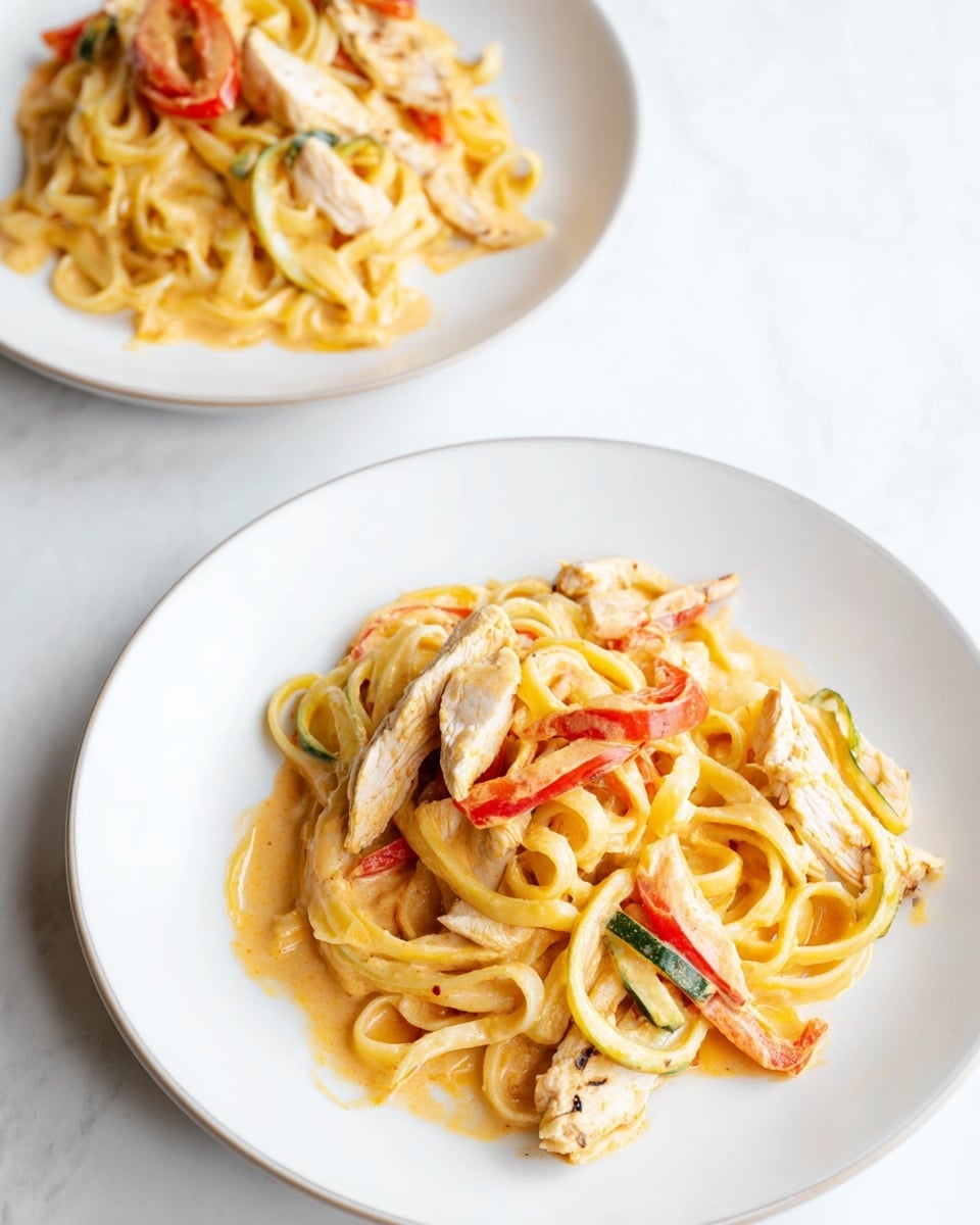A serving of creamy pasta is placed in the center of a white plate. The pasta consists of thick, flat noodles coated in light orange sauce. Mixed in the pasta are small slices of green and red bell peppers, lightly cooked and maintaining a fresh color. On top, a grilled shrimp with a reddish-brown char and a few small grilled strips of light brown chicken sit visible. A golden fork rests on the right side of the plate. The background shows a white marbled surface. photo taken with an iphone --ar 4:5 --v 7