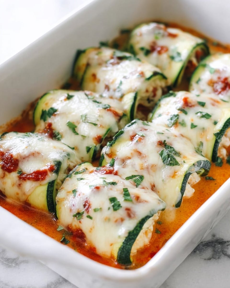 Zucchini Rollatini with Marinara and Cheese Recipe 6 A white rectangular baking dish holds two rows of rolled zucchini slices, each filled with a light stuffing. The zucchini rolls are covered with melted white cheese that has light brown spots and small bits of red sauce peeking through. Small green chopped herbs are sprinkled on top of the cheese. The sauce beneath the rolls is a warm, light orange color, creating a soft base for the zucchini. The close-up shot shows the food’s textured surface with the zucchini’s bright green edges and creamy cheese layer clearly visible. The background is a white marbled surface. photo taken with an iphone --ar 4:5 --v 7