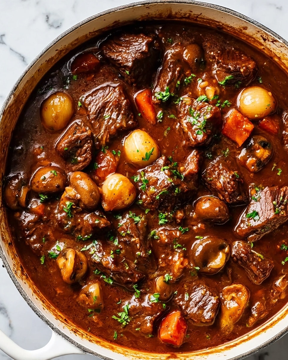 The image shows a close-up of a white pot filled with rich beef stew. The stew has large dark brown chunks of beef spread evenly through the thick, glossy brown sauce. Mixed in are whole small pale yellow onions, round light brown mushrooms, and bright orange carrot pieces, all partially covered by the sauce. Tiny specks of green parsley are scattered on top, adding a fresh touch. The pot sits on a white marbled surface. Photo taken with an iphone --ar 4:5 --v 7
