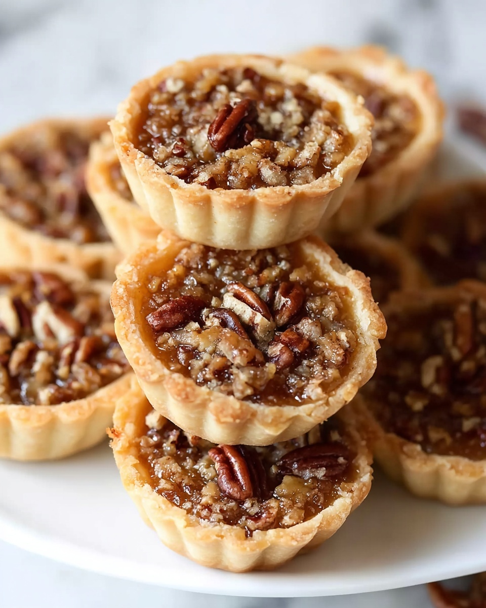 The image shows a stack of small tarts with three clear layers: the bottom layer is a light golden-brown crust with a flaky texture, the middle layer is filled with a shiny, sticky, caramel-colored mixture, and the top layer is sprinkled generously with chopped pecans that are rich brown and slightly glossy. The tarts are neatly arranged on a white plate, sitting on a white marbled surface. A woman's hand is gently holding one tart at the top of the stack. The focus is sharp on the front tart, while the background tarts softly blur. photo taken with an iphone --ar 4:5 --v 7