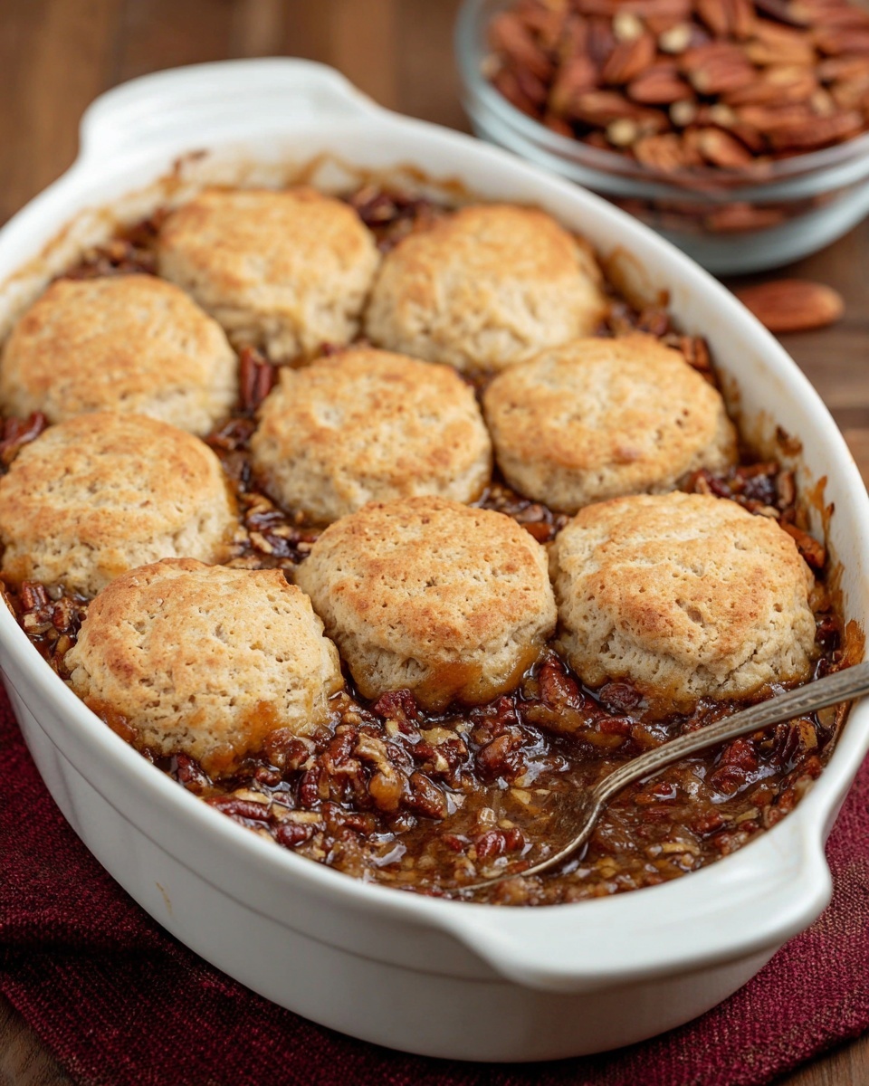 The dish is a white oval casserole filled with a thick, dark brown filling mixed with pecan pieces, topped with ten round, golden brown biscuit layers arranged closely side by side covering the surface, with one biscuit partially lifted showing the sticky, nutty inside. The casserole sits on a burgundy cloth over a wooden surface, with a clear bowl filled with pecans blurred in the background. The biscuits appear soft and slightly crumbly on top, creating a textured contrast with the glossy filling beneath. Photo taken with an iphone --ar 4:5 --v 7