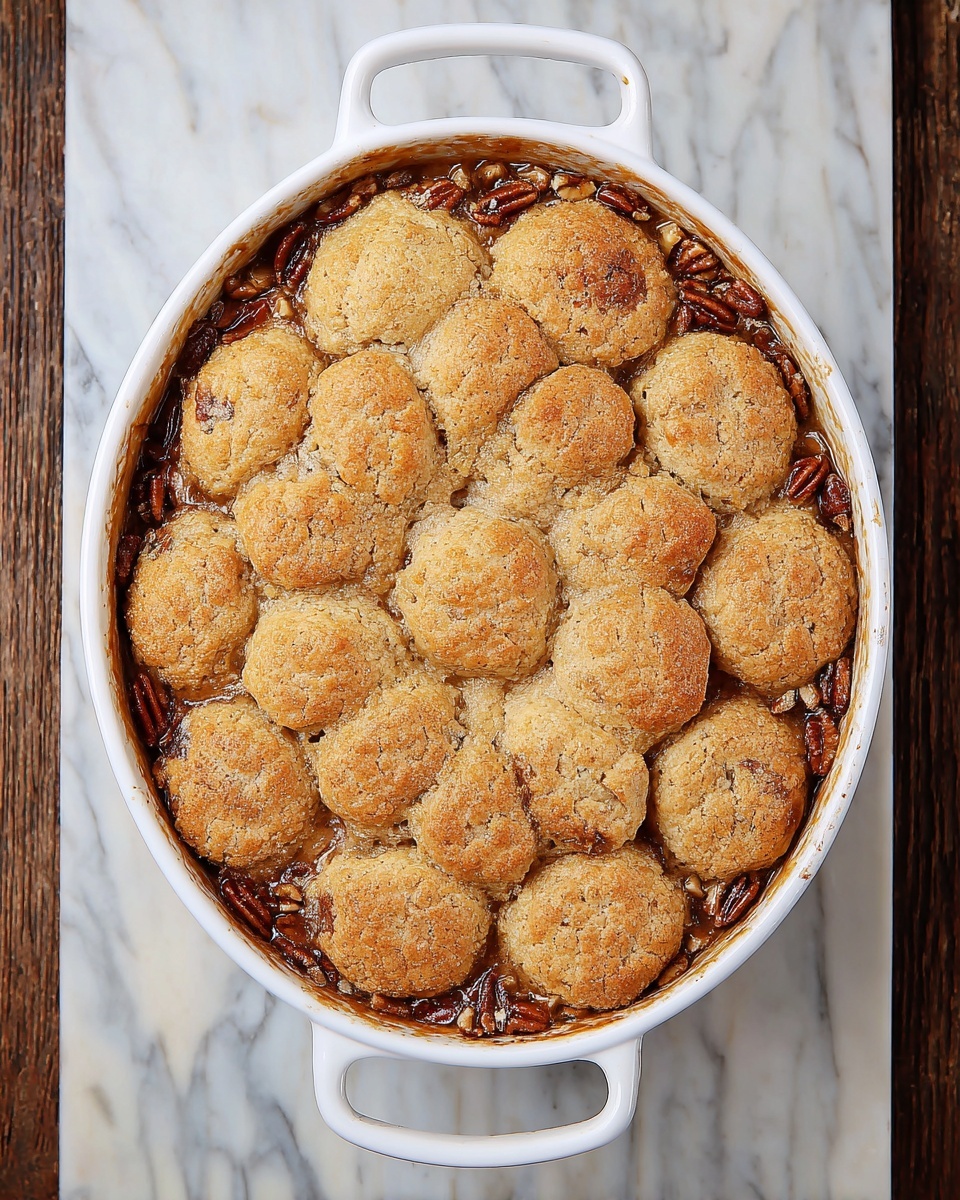 The image shows a round white ceramic dish filled with a baked dessert featuring a top layer of golden brown biscuit-like pieces arranged closely together in a circular pattern. Beneath this top layer, visible around the edges, is a darker, glossy layer that looks like a rich, caramelized nut filling with pecan halves visible throughout. The dish has two handles and sits on a white marbled surface, highlighting the warm colors and textures of the dessert photo taken with an iphone --ar 4:5 --v 7