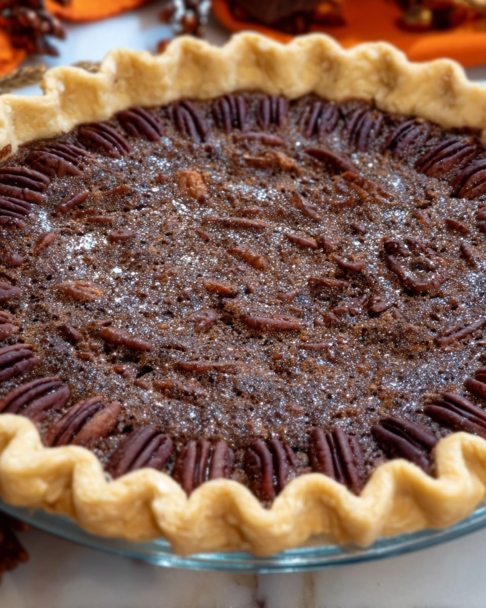 The image shows a freshly baked pecan pie in a clear glass dish. The pie has a thick, light golden crust with a crimped edge, forming a wavy border. Inside, there is one main layer of dark, rich, chocolatey filling that looks slightly shiny and bubbly on top. Around the edge of the pie filling, there is a ring of whole pecan halves, placed upright, dark brown in color and evenly spaced in a neat circle. The pie sits on a white marbled surface, and the background has some warm tones with objects blurred out. Photo taken with an iphone --ar 4:5 --v 7