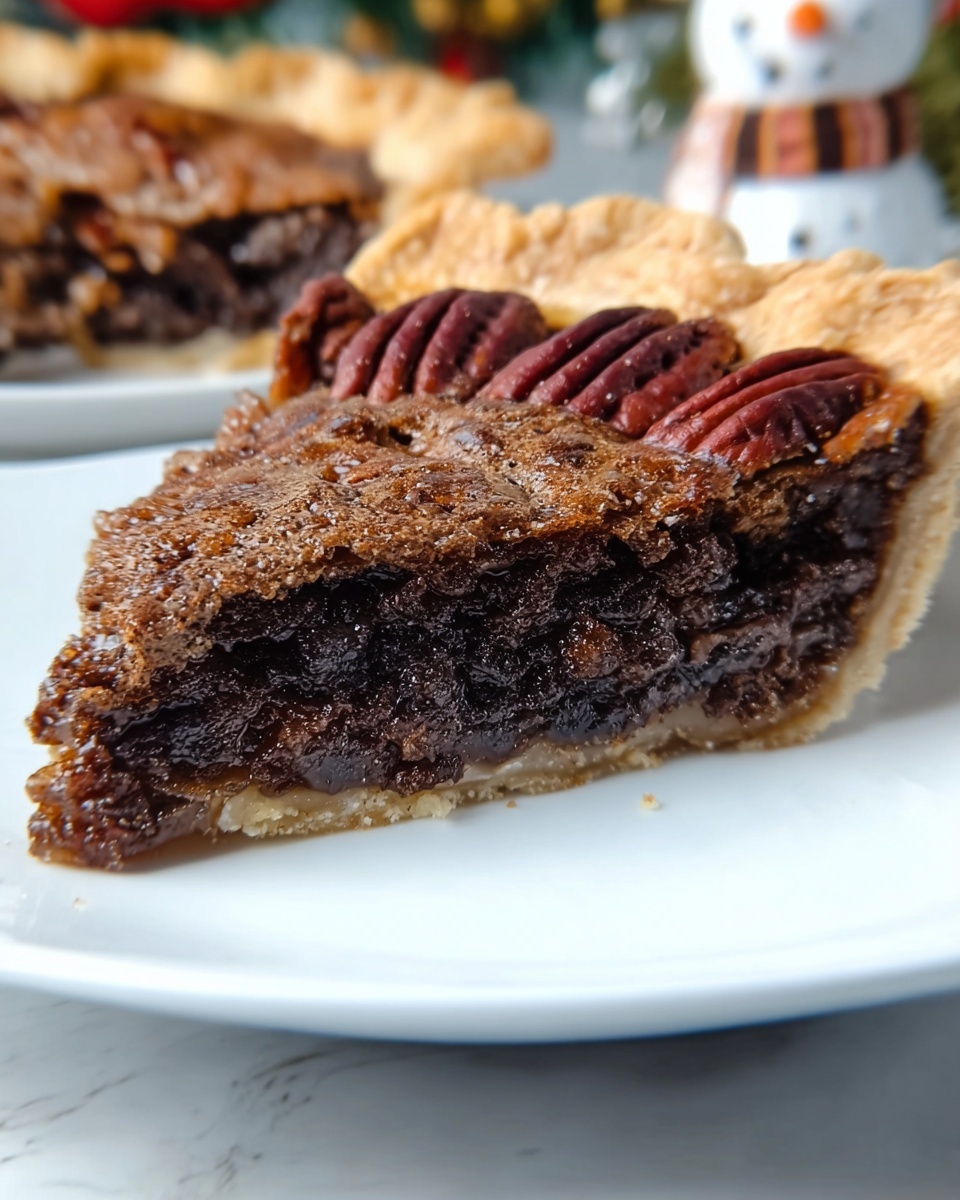 A slice of pecan pie is shown on a white plate with a white marbled surface underneath. The pie has three clear layers: at the bottom, a light brown, flaky pie crust with a slightly crumbly edge; in the middle, a dark, rich, shiny filling with visible small bits of pecans embedded throughout; on top, a layer of whole toasted pecans arranged closely in a neat row, dark reddish-brown in color with a glossy look. In the background, part of another pie slice and a small snowman decoration can be seen blurred. The photo taken with an iphone --ar 4:5 --v 7
