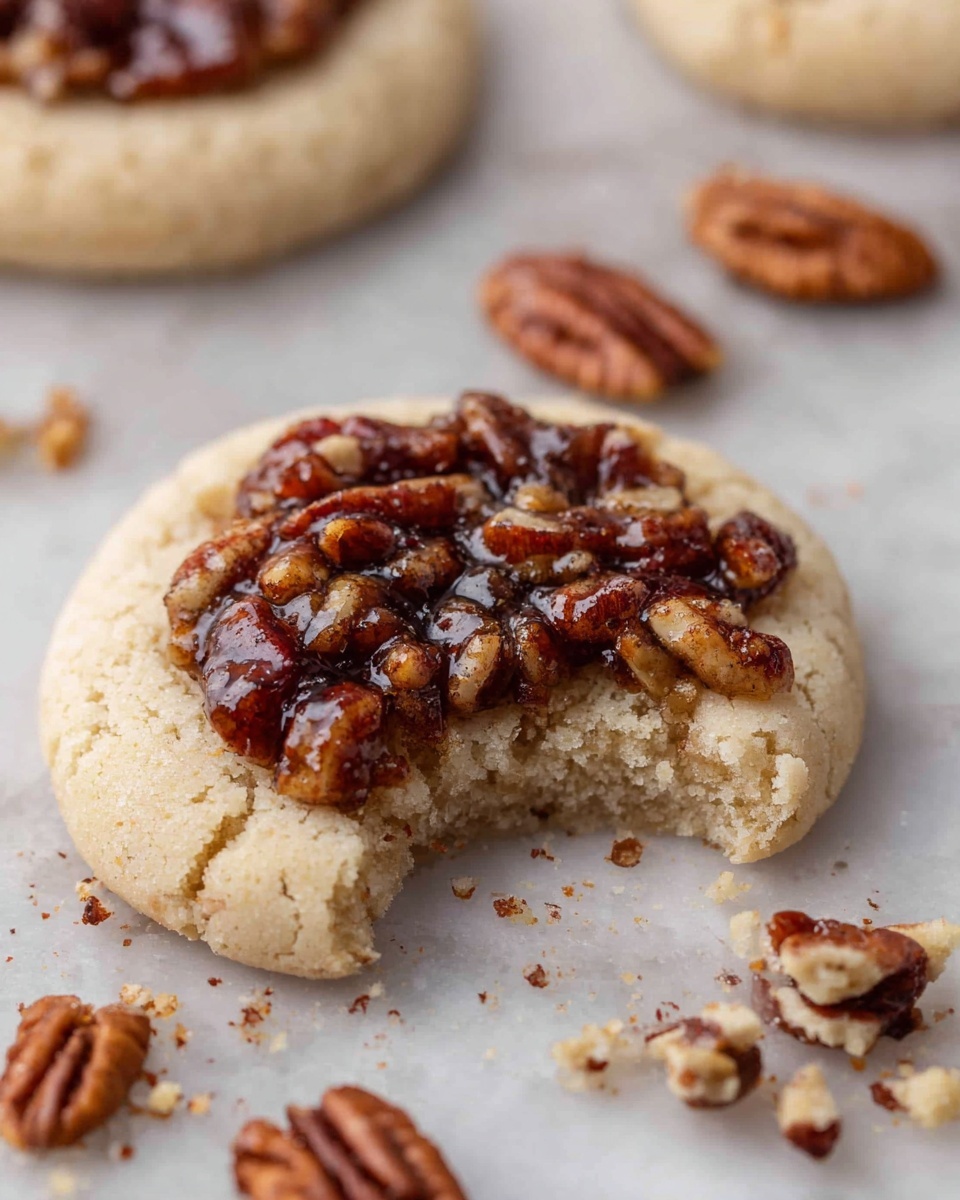 The image shows a close-up of a soft, round cookie with a light beige color and a cracked, crumbly texture. On top of the cookie, there is a thick layer of sticky, caramelized pecans that are dark brown and shiny. A bite is taken out of the cookie, revealing its soft inside. Around the cookie, there are whole pecans and small bits of pecans scattered on a white marbled surface. In the background, another similar cookie is slightly out of focus. photo taken with an iphone --ar 4:5 --v 7
