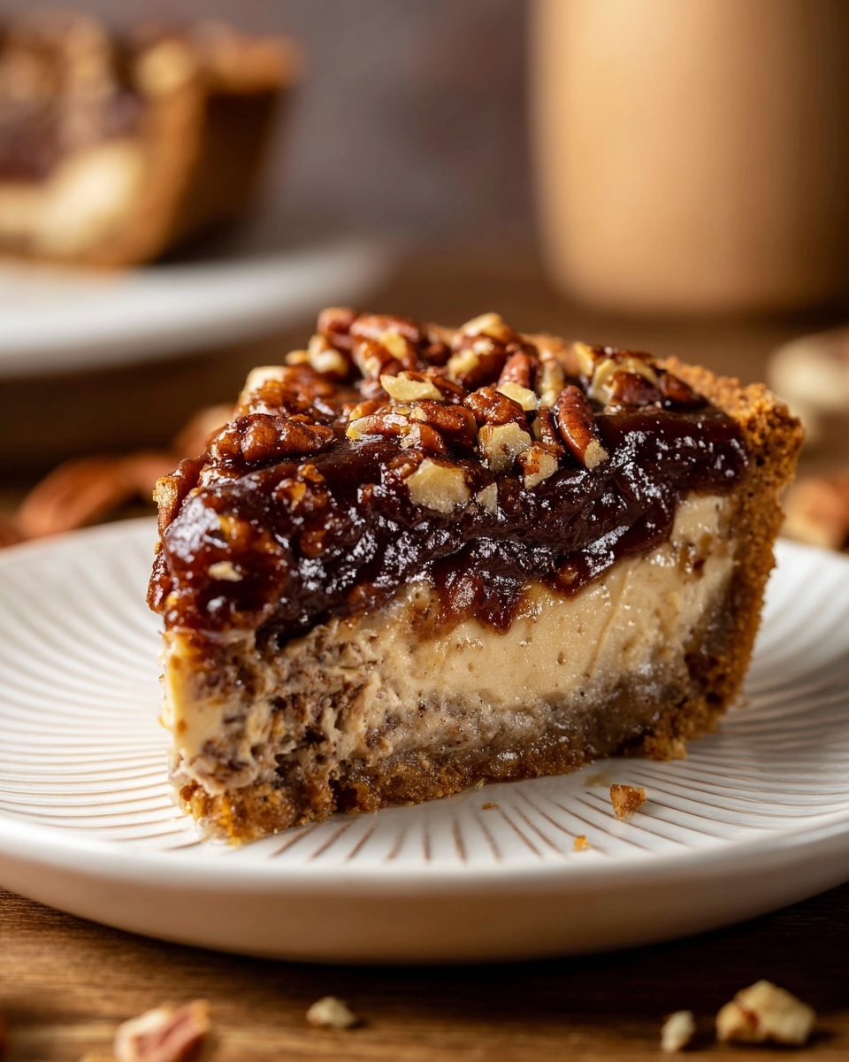 The image shows a close-up side view of a layered cake slice on a white cake stand with a wooden base, placed on a white marbled surface. The cake has four layers: a crumbly light brown crust at the bottom, followed by a crunchy nut layer with visible large nut pieces in a darker brown color, then a thick creamy beige layer with a smooth texture containing bits of nuts or fruit, and finally, a topping of rich dark brown chocolate mixed with chopped nuts, creating a rough texture on top. The cake is well-lit, showing details and textures clearly. photo taken with an iphone --ar 4:5 --v 7