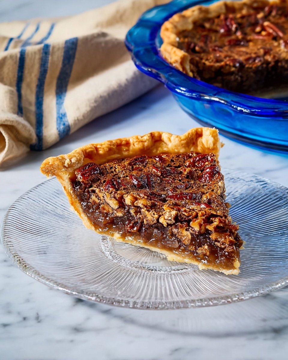 A single slice of pecan pie sits in the middle of a clear glass plate with a ridged pattern around the edges, showing a golden-brown crust curling at the edges, filled with a thick, dark brown sticky filling mixed with chopped pecans throughout. Behind the slice, a blue glass pie dish holds the rest of the pecan pie, with a large slice missing, all placed on a white marbled surface. There is a beige cloth with blue stripes folded in the upper left corner, adding a soft texture contrast to the scene. The photo taken with an iphone --ar 4:5 --v 7