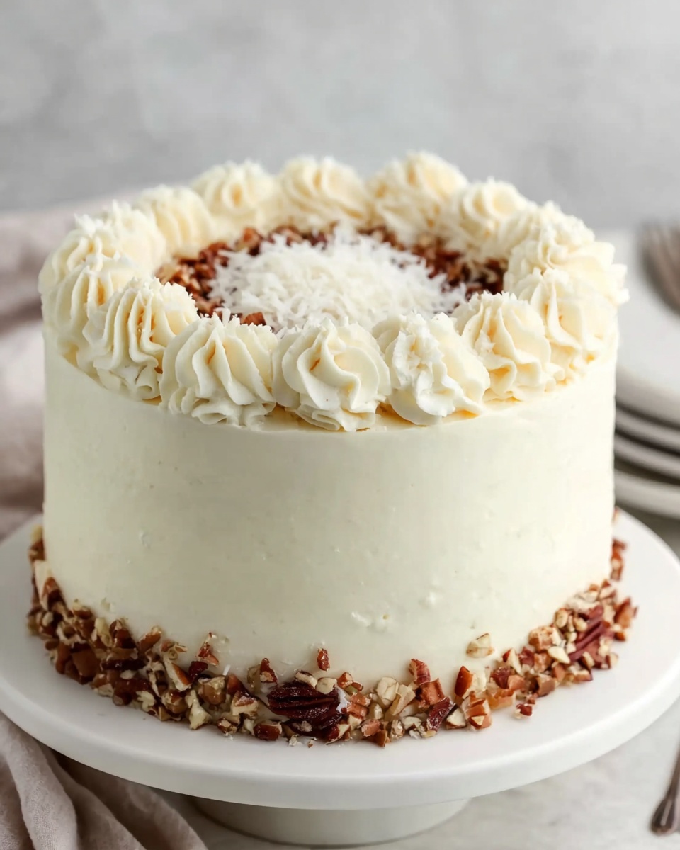 A tall round cake with smooth creamy white frosting covering all sides. It has one layer of piped rosettes at the bottom edge, another circle of rosettes on top close to the edge. Inside the top circle are dark brown chopped nuts sprinkled around, and in the center is a white flaky topping. The cake sits on a white plate with a white marbled background. photo taken with an iphone --ar 4:5 --v 7