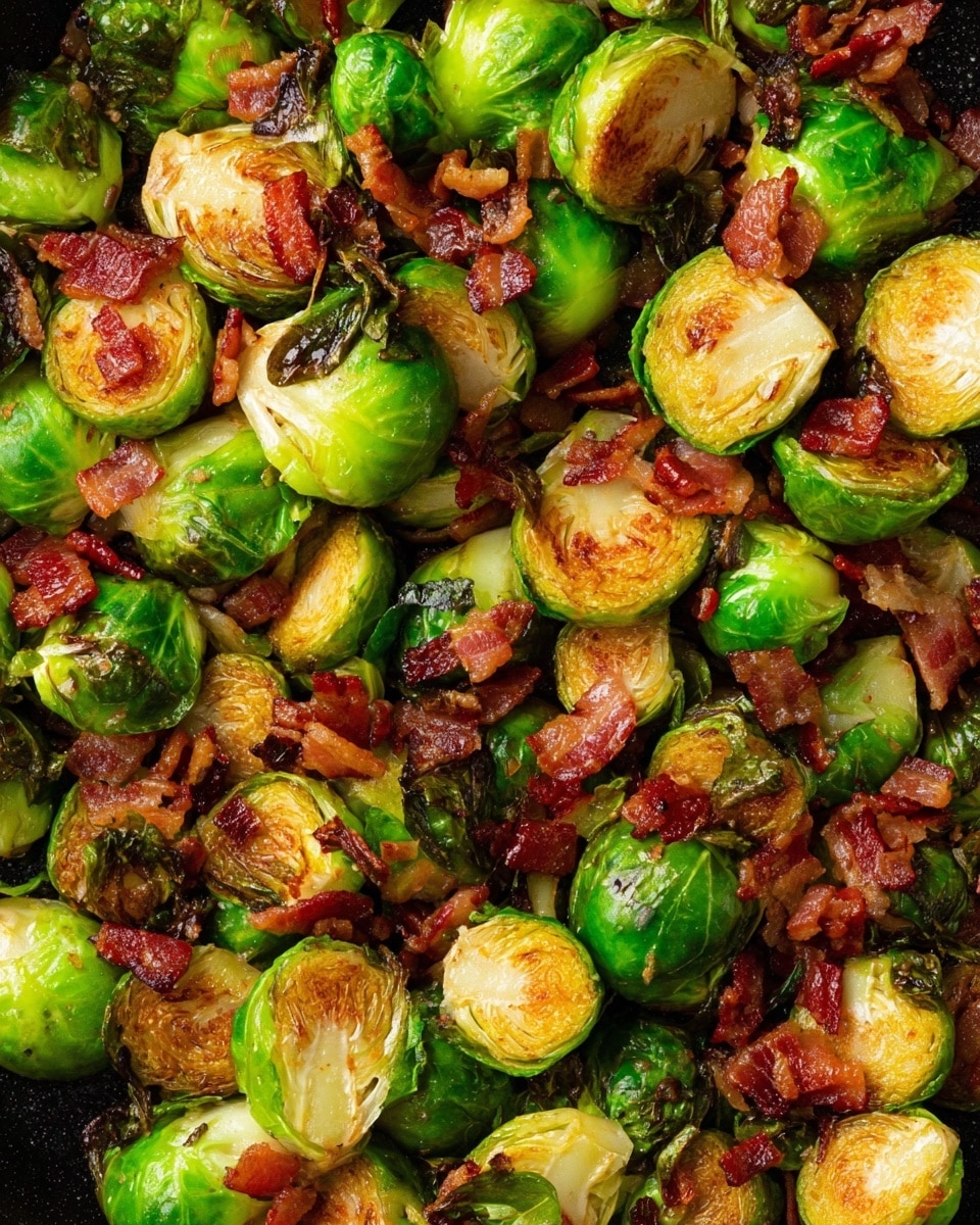 This close-up image shows a mix of bright green Brussels sprouts that are halved and cooked until golden brown on the flat sides, scattered all over a dark cooking pan. Mixed throughout are small pieces of crispy, reddish-brown bacon that add texture and contrast to the sprouts. Some Brussels sprout leaves are loose and wilted, creating uneven layers of color from deep green to light yellow. The surface looks juicy and slightly oily, making the colors shine. photo taken with an iphone --ar 4:5 --v 7