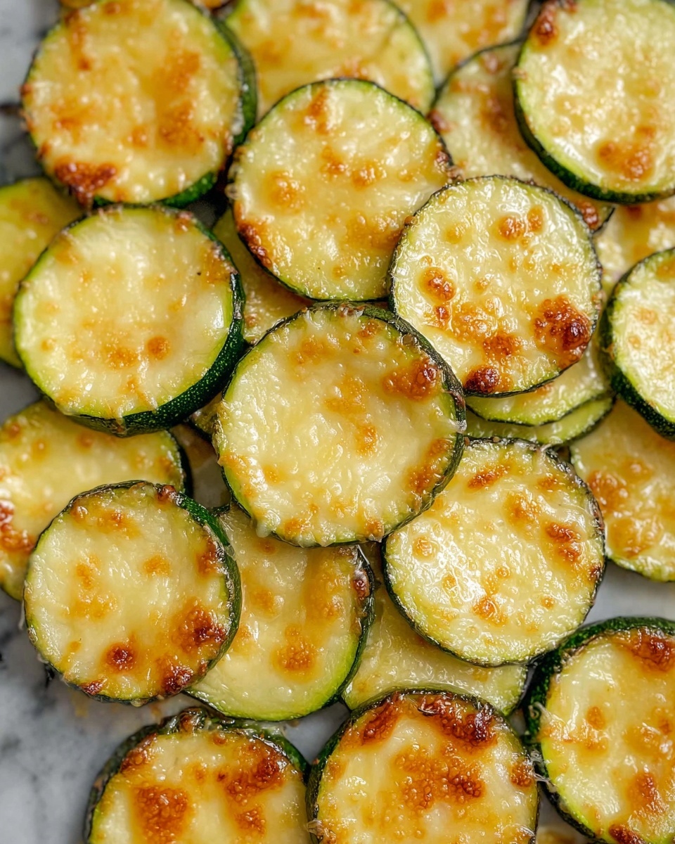 The image shows many round slices of zucchini arranged close together on a white marbled surface. Each slice has a green outer edge and a soft yellow center covered with a layer of melted and slightly browned cheese that looks creamy and textured, with golden spots where the cheese browned more. The zucchini slices have a slight shine, showing they are cooked but not dry. The cheese layer is smooth with small bubbles and a few crispy edges. The lighting makes the cheese and zucchini slices look warm and fresh. photo taken with an iphone --ar 4:5 --v 7