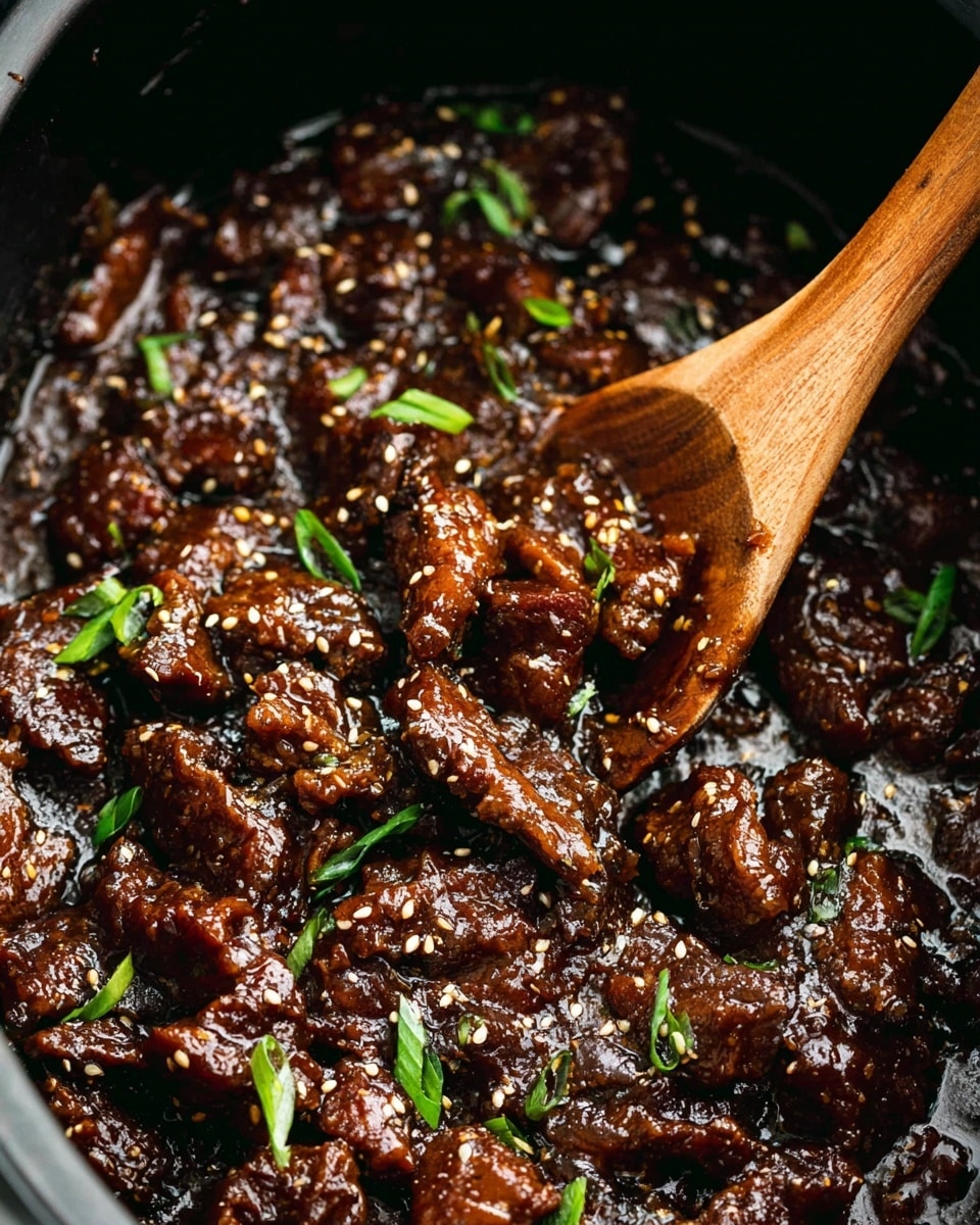 The image shows thin strips of dark brown meat cooked in a shiny thick sauce, filling a black pot. The sauce is glossy and dark with a sticky texture, coating each piece of meat well. Scattered on top are small white and black sesame seeds and bright green chopped scallions, adding color contrast. A wooden spoon is partly submerged in the mixture, gathering some of the meat and sauce. The scene is close up and detailed, showing the rich texture and gloss of the dish. photo taken with an iphone --ar 4:5 --v 7