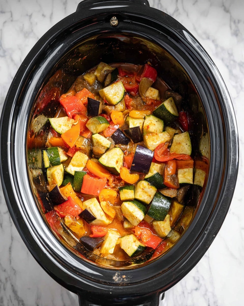 A black slow cooker filled with cooked mixed vegetables in chunks, including green zucchini pieces, dark purple eggplant cubes, bright red and yellow bell peppers, and soft red tomato chunks, all mixed together in a light sauce showing some moisture at the bottom. The vegetables have a slightly soft texture and vibrant colors, sitting inside the cooker’s shiny black round interior. The cooker is placed on a white marbled surface with part of its metal handles visible. photo taken with an iphone --ar 4:5 --v 7