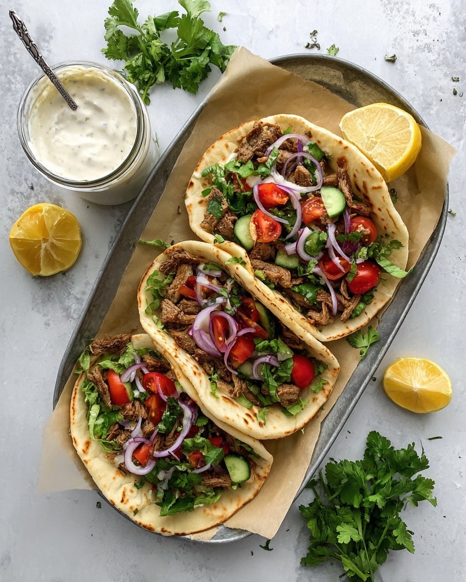 Three flatbread tacos rest side by side on a white oval tray lined with parchment paper. Each taco has a soft, lightly browned flatbread as the base, filled with a layer of small browned meat strips, topped with chopped green lettuce, halved red cherry tomatoes, thin purple onion slices, and small pieces of green cucumber. A lemon wedge sits on the top right corner of the tray. To the left, there is a jar with creamy white sauce and a spoon inside. Fresh green cilantro sprigs and two lemon wedges are placed around the tray on a white marbled surface. Photo taken with an iphone --ar 4:5 --v 7