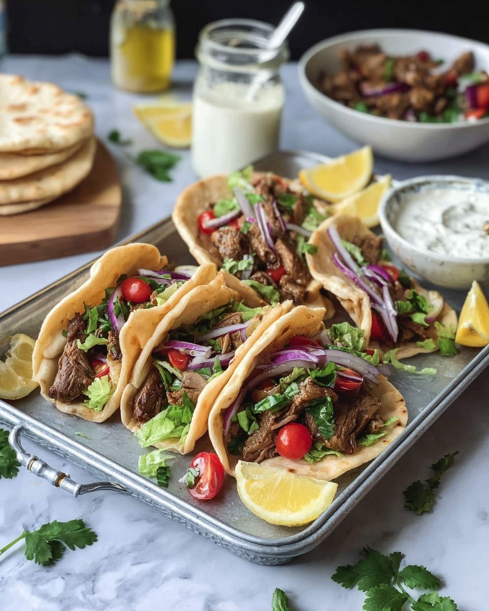The image shows a silver tray holding four open flatbread tacos. Each taco has three layers: at the bottom, soft golden-brown flatbread folded in half; the middle layer consists of dark brown cooked meat strips; on top, there are fresh chopped green lettuce, bright red cherry tomato halves, and thin slices of light purple onion. The tray is placed on a white marbled surface with two lemon wedges at the corners of the tray and green cilantro leaves around it. In the background are a jar with white sauce and a spoon, a bowl with salad, a small glass bottle with yellow dressing, and a bowl with more cooked meat pieces. Photo taken with an iphone --ar 4:5 --v 7