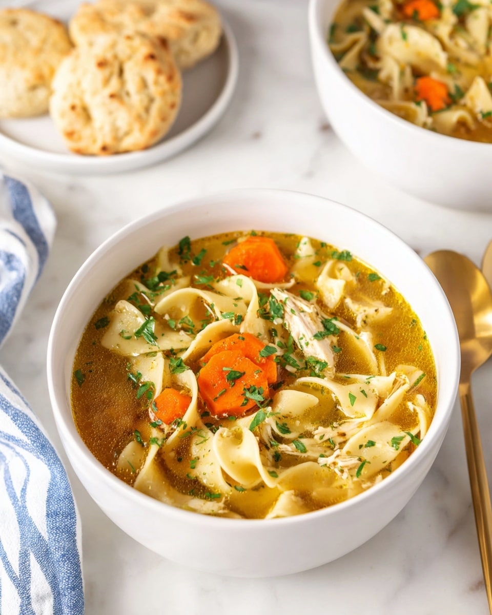 The image shows a white bowl filled with chicken noodle soup on a white marbled surface. The soup has a warm broth with visible pieces of orange carrot slices, wide flat noodles, small chunks of white chicken, and fresh green herbs sprinkled on top. In the background, there is another white bowl of the same soup and a white plate holding two light brown biscuits with a crumbly texture. Nearby are two golden spoons resting on a blue and white striped cloth. The scene looks clean and inviting. photo taken with an iphone --ar 4:5 --v 7