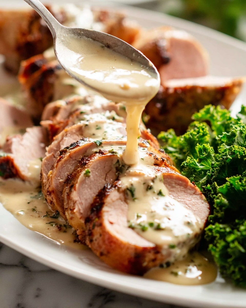 The image shows a white plate with several slices of cooked meat arranged in a line, each slice has a light brown outer layer and a juicy pinkish inside. A creamy white sauce with green herbs is being poured over the sliced meat from a spoon, covering the top and part of the sides of the slices. To the side of the plate, there is a piece of whole cooked meat with a browned exterior. On the far right, there is a small pile of fresh green kale with a curly texture. The surface under the plate is a white marbled texture. Photo taken with an iphone --ar 4:5 --v 7