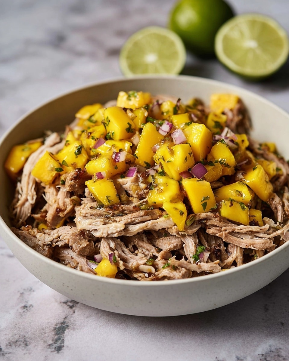 A white bowl filled with two main layers: the bottom layer is shredded light brown cooked meat with a soft, fibrous texture, and the top layer is bright yellow chunks of mango mixed with small pieces of finely chopped red onion and green herbs scattered throughout, creating a fresh and colorful contrast. In the background, there are two halves of a lime placed on a white marbled surface. photo taken with an iphone --ar 4:5 --v 7