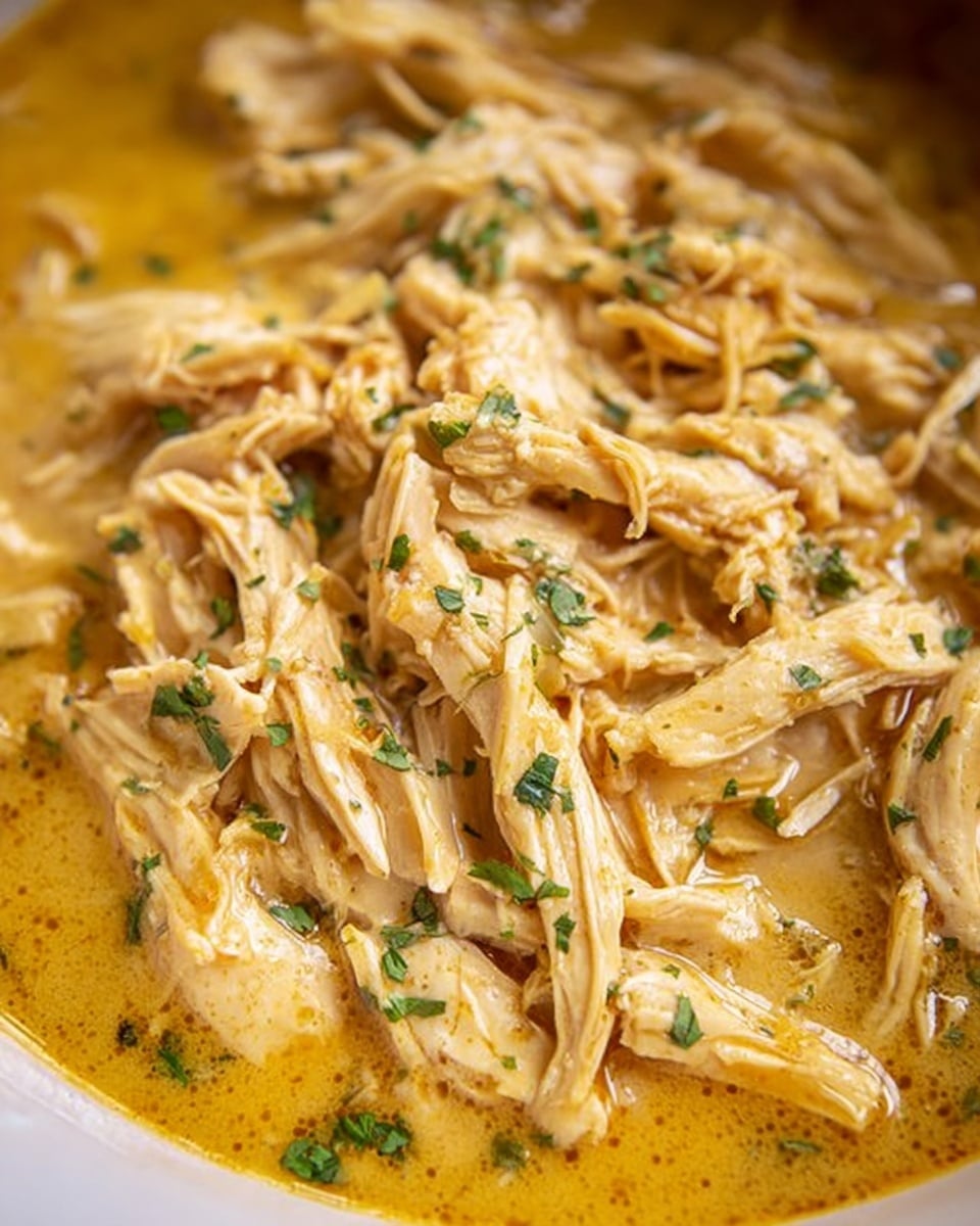 The image shows a close-up of shredded chicken pieces in a thick, creamy yellow-brown sauce. The chicken strands are soft and well-coated in the sauce, with small sprinkles of green herbs scattered evenly on top. The texture of the sauce looks smooth and slightly shiny, pooling around the chicken in a bowl that appears white. The white marbled surface is barely visible around the edges of the bowl. photo taken with an iphone --ar 4:5 --v 7