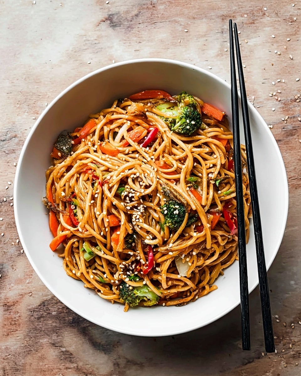 A white bowl filled with a large serving of stir-fried noodles as the main layer, which are light brown and glossy from the sauce. Mixed within the noodles are slices of light orange carrots, small green broccoli pieces, thin round white onion slices, and red chili peppers, all evenly spread throughout. Small sesame seeds are sprinkled on top, adding a touch of light cream color. Two black chopsticks rest vertically on the right side of the bowl. The bowl sits on a white marbled surface with a few scattered sesame seeds around. photo taken with an iphone --ar 4:5 --v 7