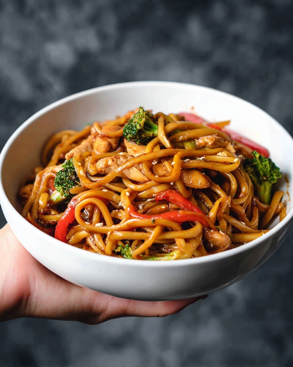 A white bowl filled with thick, glossy noodles tangled with pieces of light brown cooked chicken and bright green broccoli. There are also slices of red bell pepper mixed in, all coated in a shiny brown sauce. The bowl is held by a woman's hand against a blurred dark grey background, highlighting the vibrant colors and textures of the noodles and vegetables. photo taken with an iphone --ar 4:5 --v 7