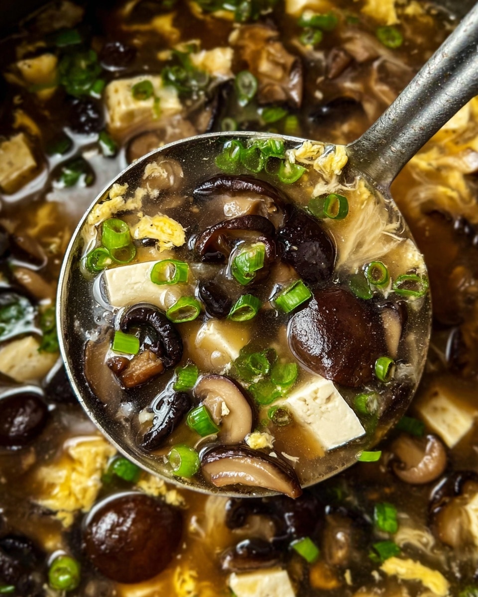 A close-up of a ladle holding a rich soup full of many dark brown whole and sliced mushrooms, small white tofu cubes, light yellow shredded egg, and bright green chopped scallions floating in clear broth. The ingredients fill the ladle in a layered way: dark mushrooms as the main visible part, tofu cubes and shredded egg scattered throughout, and chopped green scallions on top, all resting in the warm broth. The ladle is over a pot of the same soup with similar colors and textures. The photo is taken with an iphone --ar 4:5 --v 7