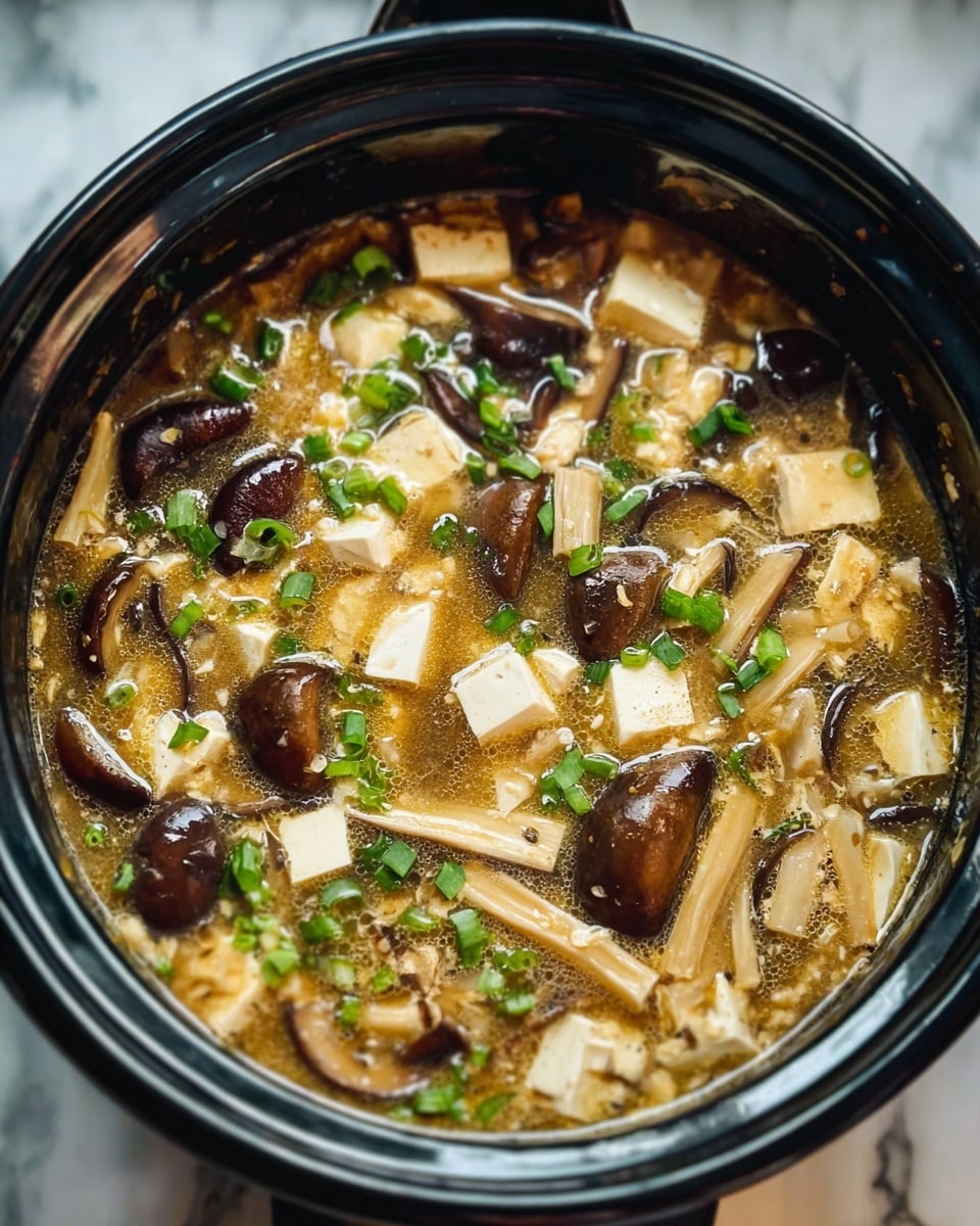 A close-up view of a black pot filled with a soup that has many layers of ingredients visible through a light brown broth. The top layer is scattered with dark brown whole and sliced mushrooms with a smooth, slightly shiny texture, small white tofu cubes with soft edges, and long beige bamboo shoots. Small green chopped herbs are sprinkled evenly over the surface, adding a fresh contrast to the earthy colors. The broth looks slightly thick and glossy, with small bubbles and an inviting warmth. The pot is placed on a white marbled texture background. photo taken with an iphone --ar 4:5 --v 7