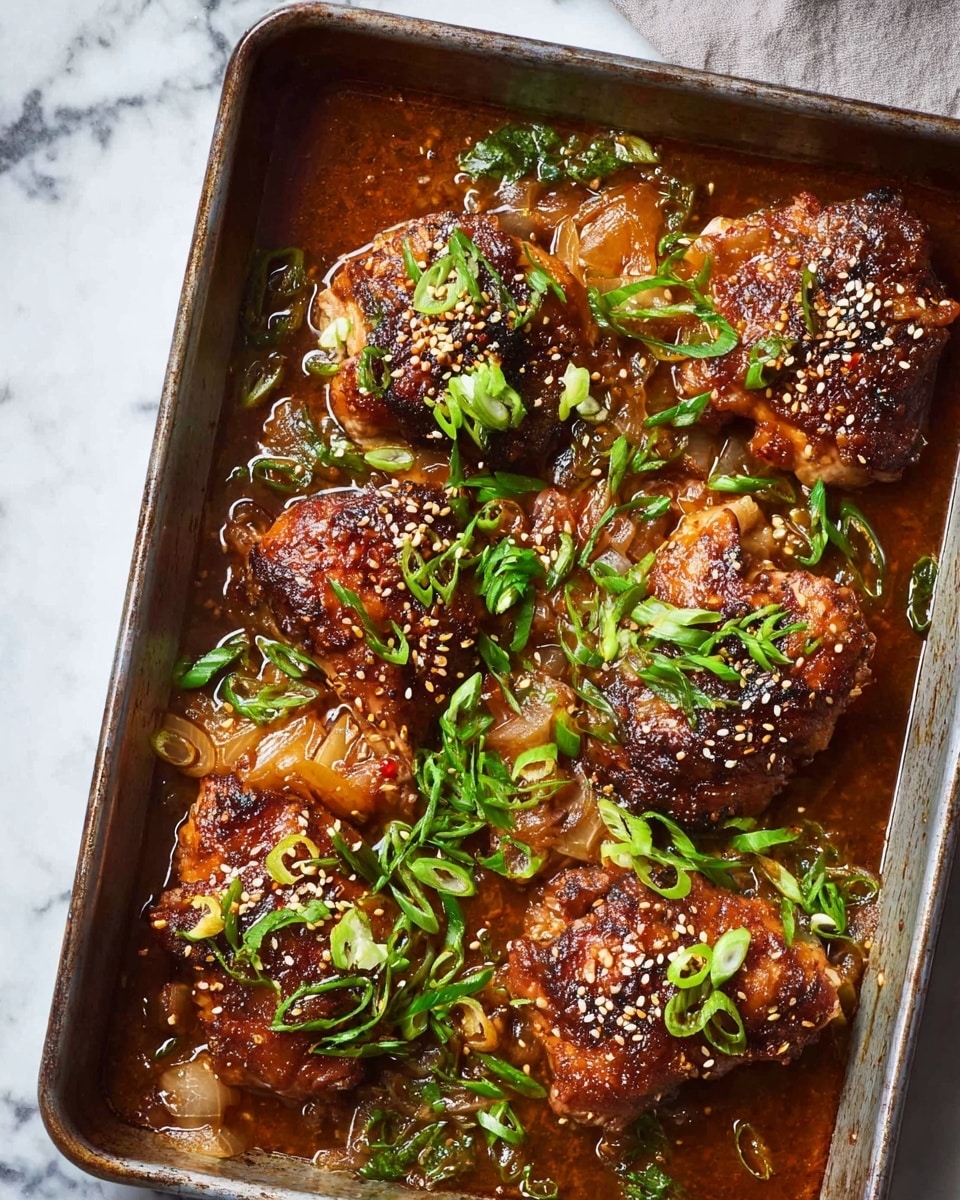 A metal baking tray filled with several pieces of cooked chicken in a rich brown sauce, each piece browned and slightly charred at the edges. The chicken pieces are scattered evenly, covered with soft cooked onions adding a translucent light orange layer on top. Bright green sliced scallions are sprinkled all over, adding a fresh pop of color. Small white sesame seeds are lightly scattered on the chicken and sauce. The tray sits on a white marbled surface, hinting at a casual kitchen setting. photo taken with an iphone --ar 4:5 --v 7