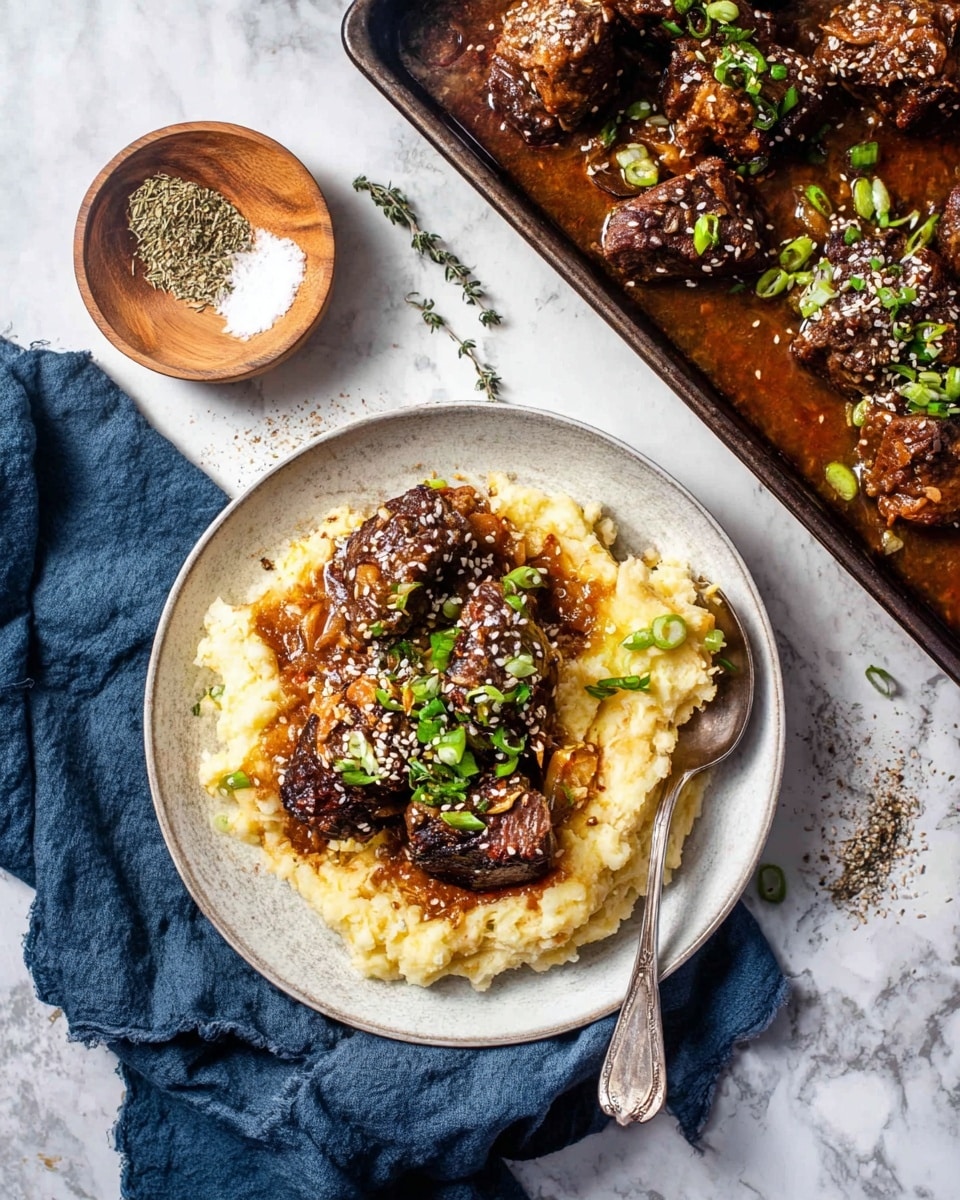 A white plate on a white marbled surface holds a serving of creamy pale yellow mashed potatoes as the bottom layer. On top, there are several pieces of dark brown cooked meat covered with a rich brown sauce. The dish is garnished with bright green chopped scallions and sprinkled with white sesame seeds. Beside the plate, a dark blue cloth partially covers the surface. Next to this is a dark metal baking tray filled with more pieces of the same brown meat in sauce, also topped with scallions and sesame seeds, with a silver spoon resting inside. A small wooden bowl containing coarse salt and spices sits nearby with some dried herbs on the white marbled surface. photo taken with an iphone --ar 4:5 --v 7