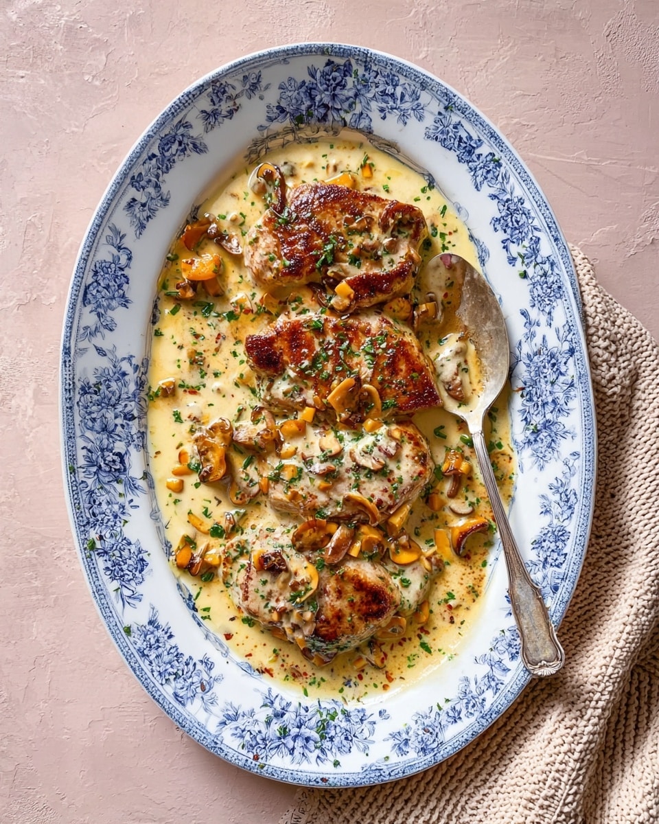 A close-up view of four golden brown cooked chicken pieces arranged in a black pan, surrounded by a creamy white sauce with small brown bits and chopped green herbs scattered throughout. The chicken pieces have a slightly charred texture, showing a mix of crispy browns and soft white areas. The creamy sauce has streaks of yellow oil pooling around the chicken, with fresh green flecks of parsley or similar herb adding color contrast. The whole dish is set on a white marbled surface. photo taken with an iphone --ar 4:5 --v 7
