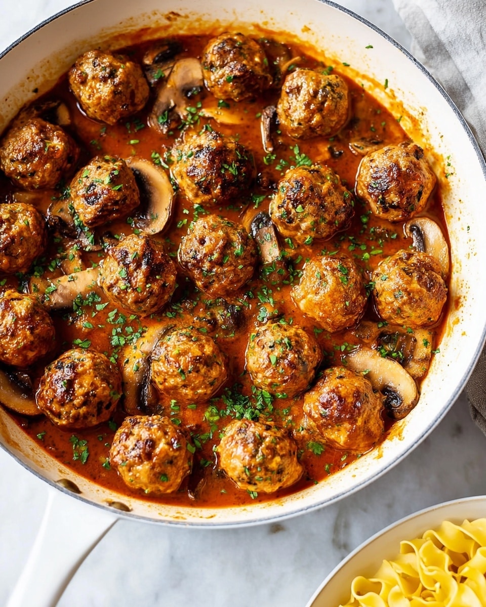 A white pan filled with about 18 brownish meatballs sitting in a rich, reddish-brown sauce with visible herbs sprinkled on top. Among the meatballs are soft brown mushroom slices soaked in the sauce. Fresh green chopped herbs are scattered over the dish, adding a touch of color. The pan sits on a flat white marbled surface, and near the bottom right corner, there is a glimpse of a white plate with curly yellow pasta. Photo taken with an iphone --ar 4:5 --v 7