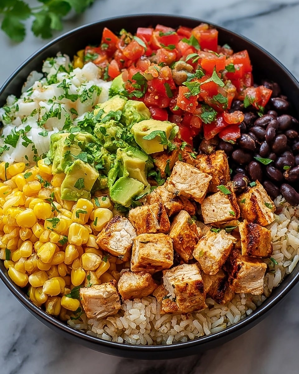 A bowl filled with five colorful layers arranged neatly: at the base is a layer of light brown rice with a fluffy texture; on top of the rice, a pile of grilled, golden-brown chicken pieces with a slightly charred look sits in the middle, sprinkled with green cilantro leaves; to the left are bright red diced tomatoes mixed with some green herbs; above the chicken is a layer of bright yellow roasted corn kernels, shiny and plump; to the right are dark black beans, also topped with cilantro leaves. The bowl is white, placed on a white marbled surface. Photo taken with an iphone --ar 4:5 --v 7
