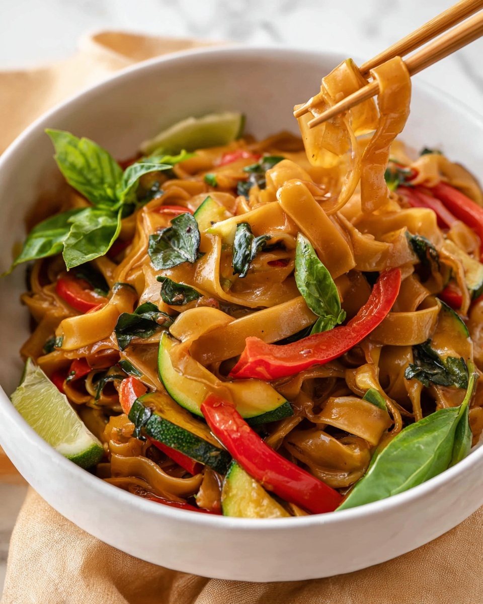 A white bowl filled with thick, flat, light brown noodles twisted and curled, mixed with bright red bell pepper strips and green zucchini slices that have a soft, shiny texture. Dark green wilted leafy vegetables are scattered throughout, and fresh bright green basil leaves sit on top. Light green lime wedges rest on the sides of the bowl. A pair of light wooden chopsticks holds a bundle of noodles and red pepper strips above the bowl. The bowl is placed on a tan cloth on a white marbled surface. photo taken with an iphone --ar 4:5 --v 7